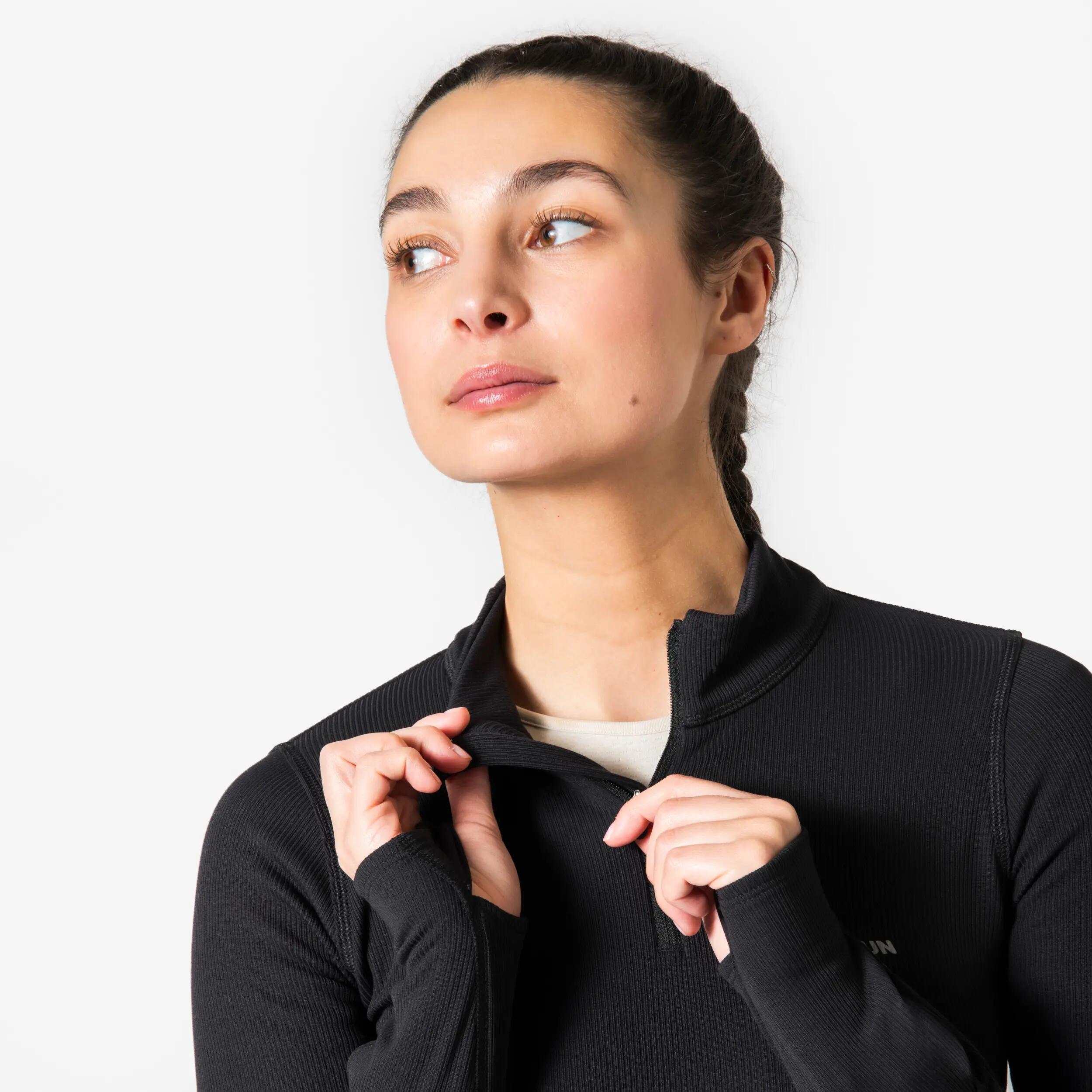 Women's warm long-sleeved half-zip T-shirt Kiprun Run Flow black. -  5