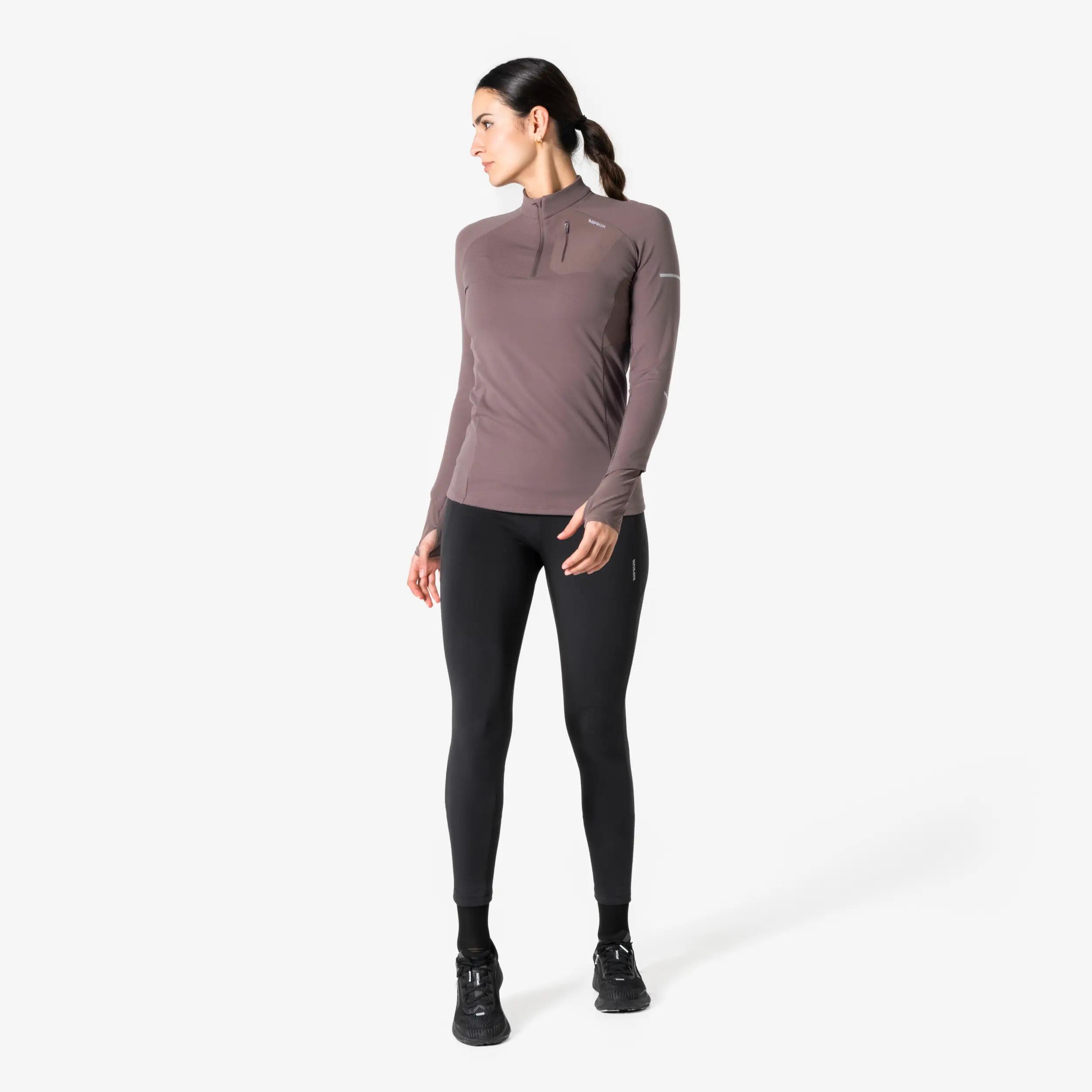 Women's 1/2 zip long-sleeved running T-shirt - Kiprun Run 900 Warm Brown -  2