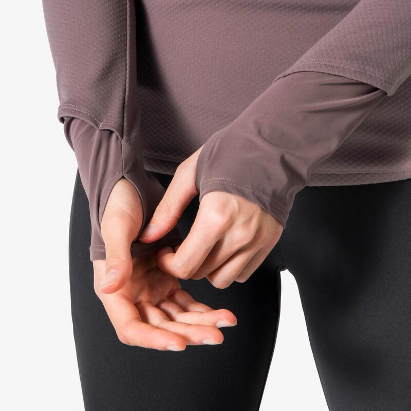 Kadın Uzun Kollu Yarım Fermuarlı Koşu Tişörtü - Kahverengi - Kiprun Run 900 Warm