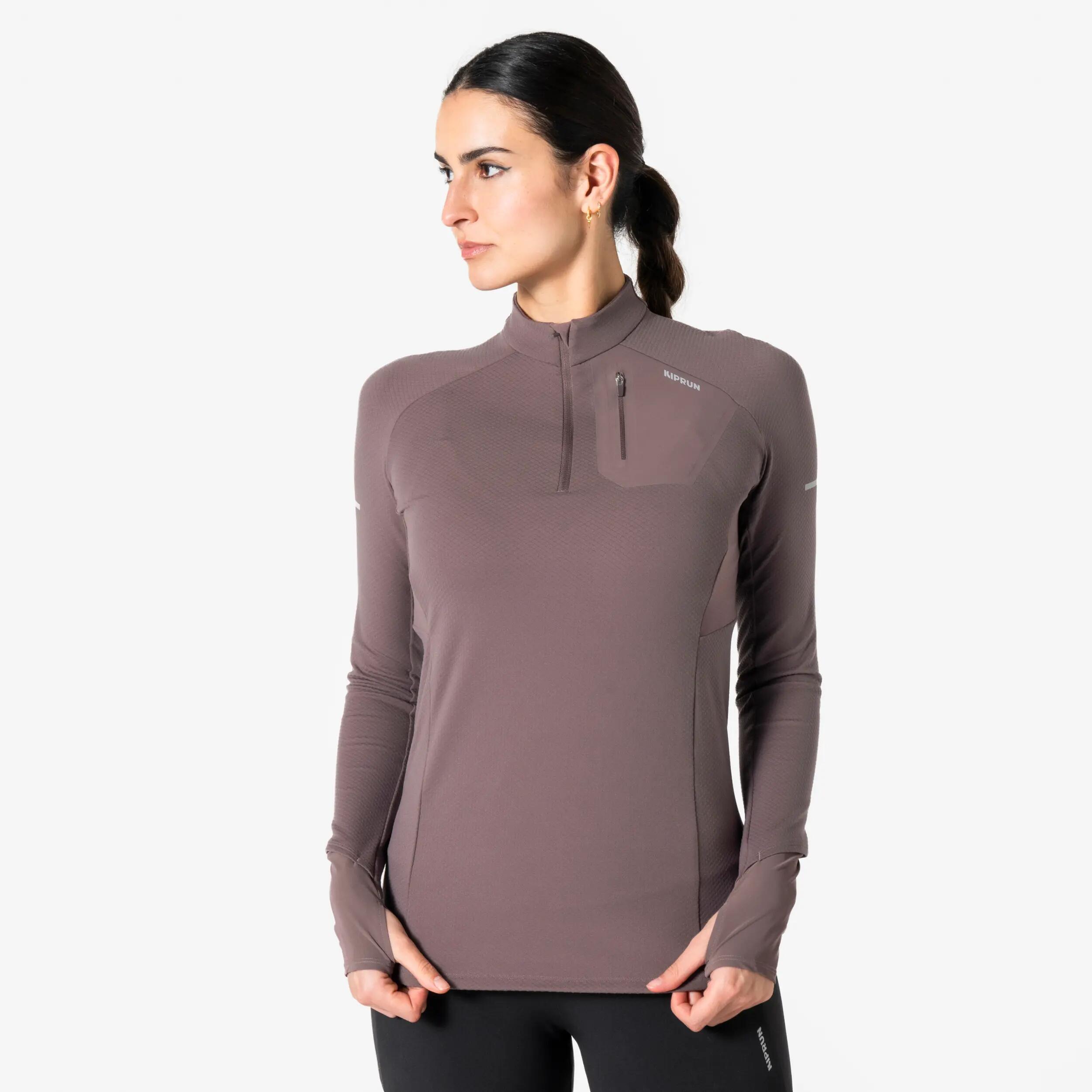 Women's 1/2 zip long-sleeved running T-shirt - Kiprun Run 900 Warm Brown -  1