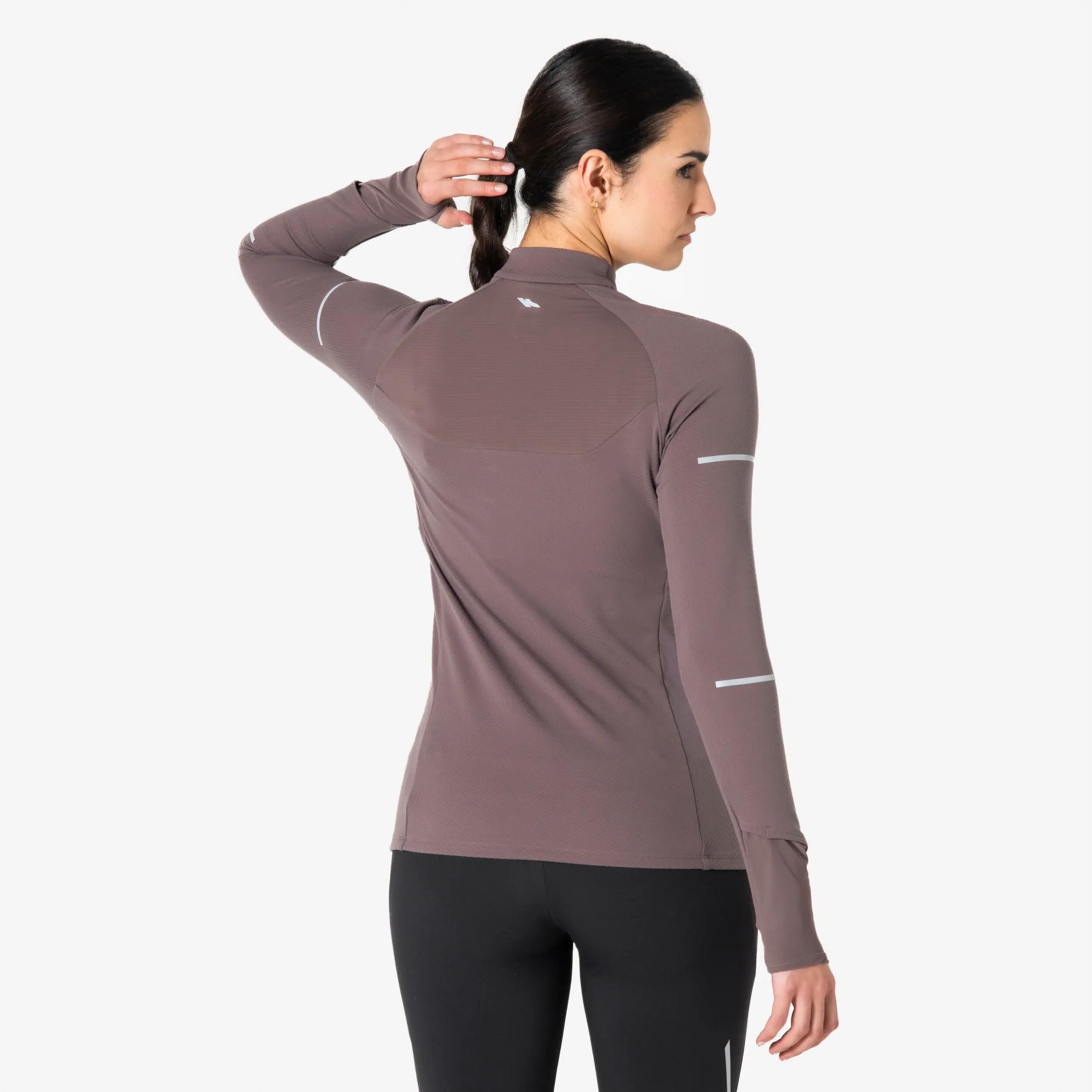 Women's 1/2 zip long-sleeved running T-shirt - Kiprun Run 900 Warm Brown -  3