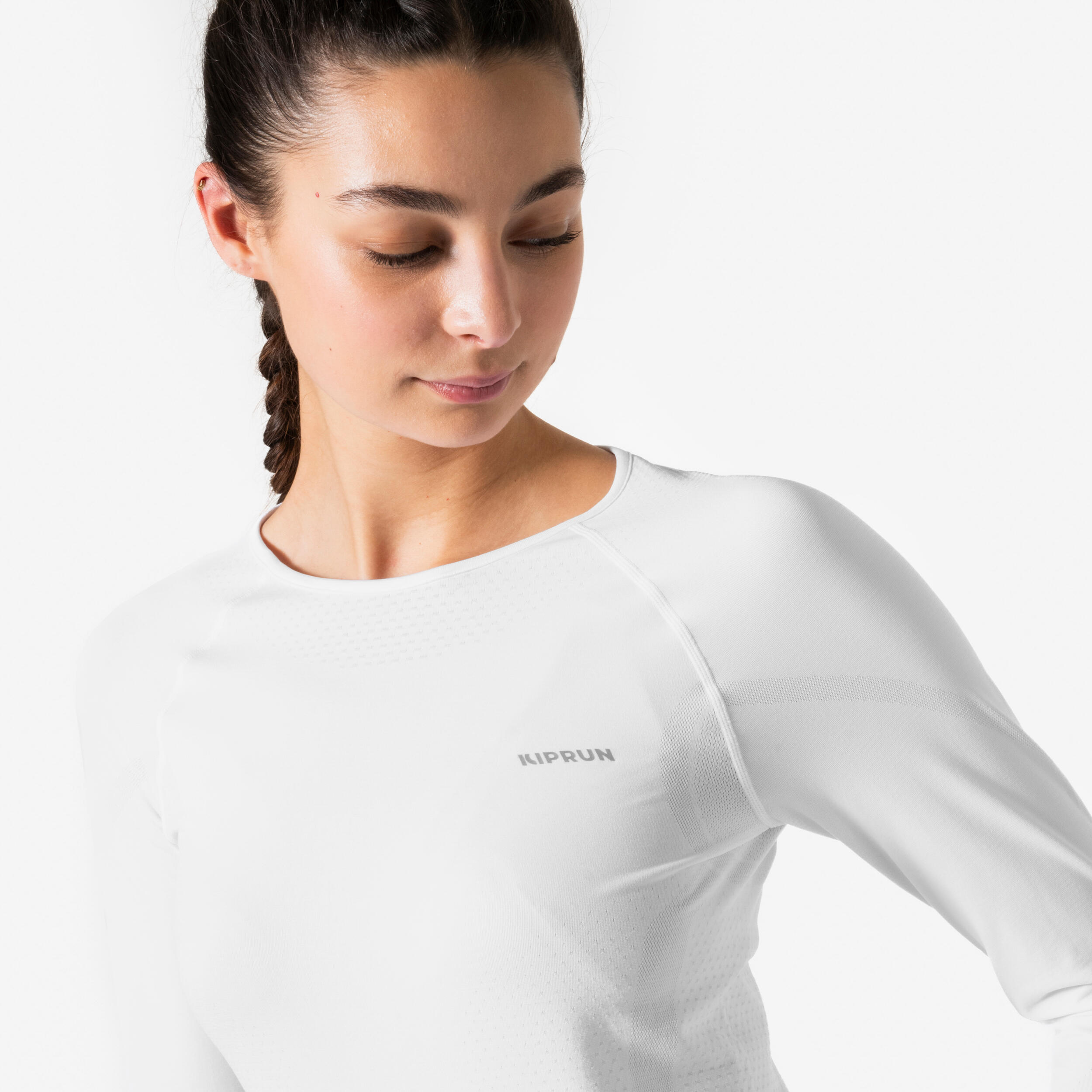 T-Shirt manches longues running Femme sans couture, KIPRUN Run 500 blanc 5/11
