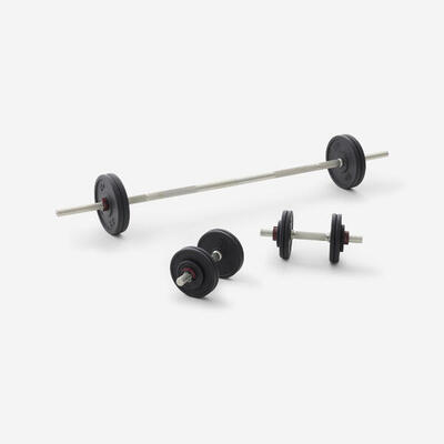 Set krachttraining halters en stang 50 kg 80% gerecycled gietijzer