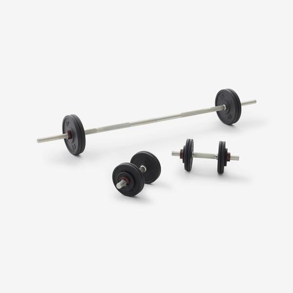 Cast iron dumbbell and barbell set with weight plates