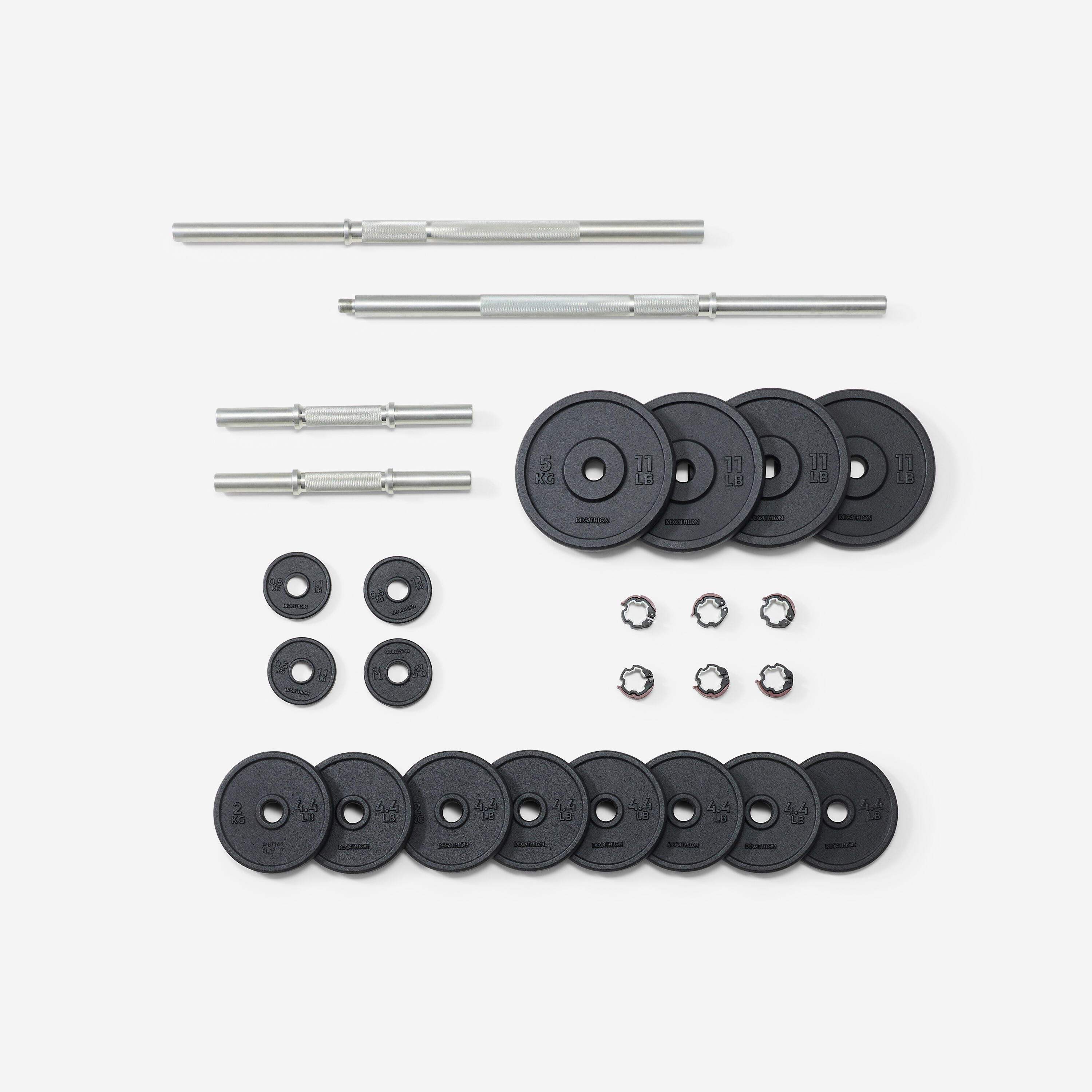 Kit 50 kg haltères et barre musculation avec disque de fonte à 80 % recyclée 2/13
