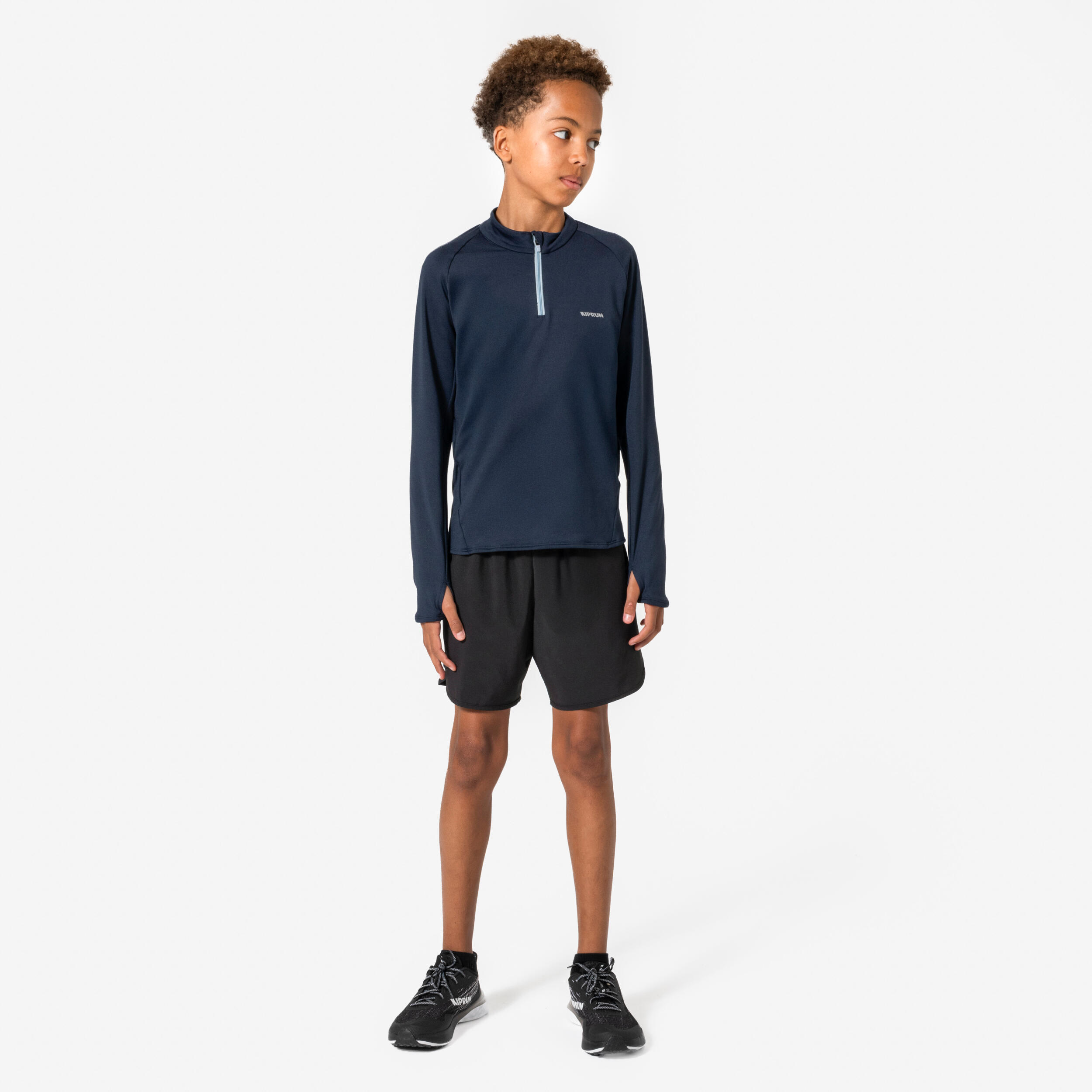 KIDS' WARM LONG-SLEEVED RUNNING JERSEY 1/2 ZIP - KIPRUN WARM -NAVY BLUE