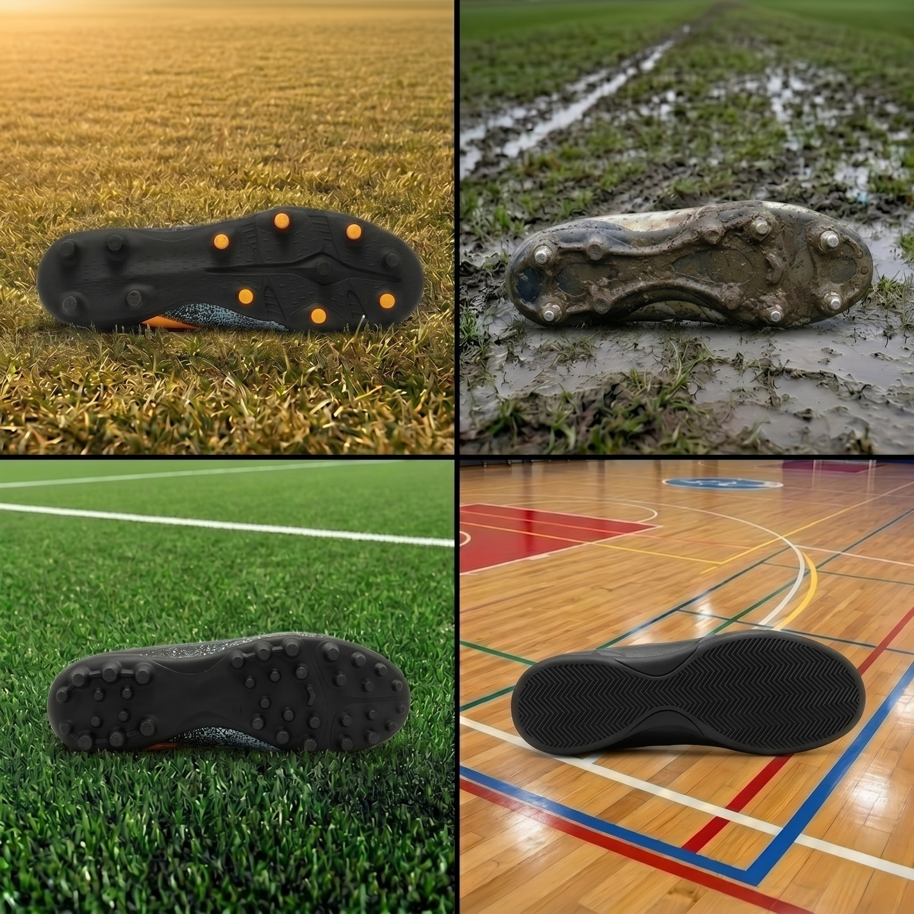 Infographie en 4 parties associant différents types de semelles de chaussures de football au terrain adapté : crampons moulés sur herbe sèche, crampons vissés sur terrain gras, semelle stabilisée sur synthétique et semelle plate sur parquet de futsal.
