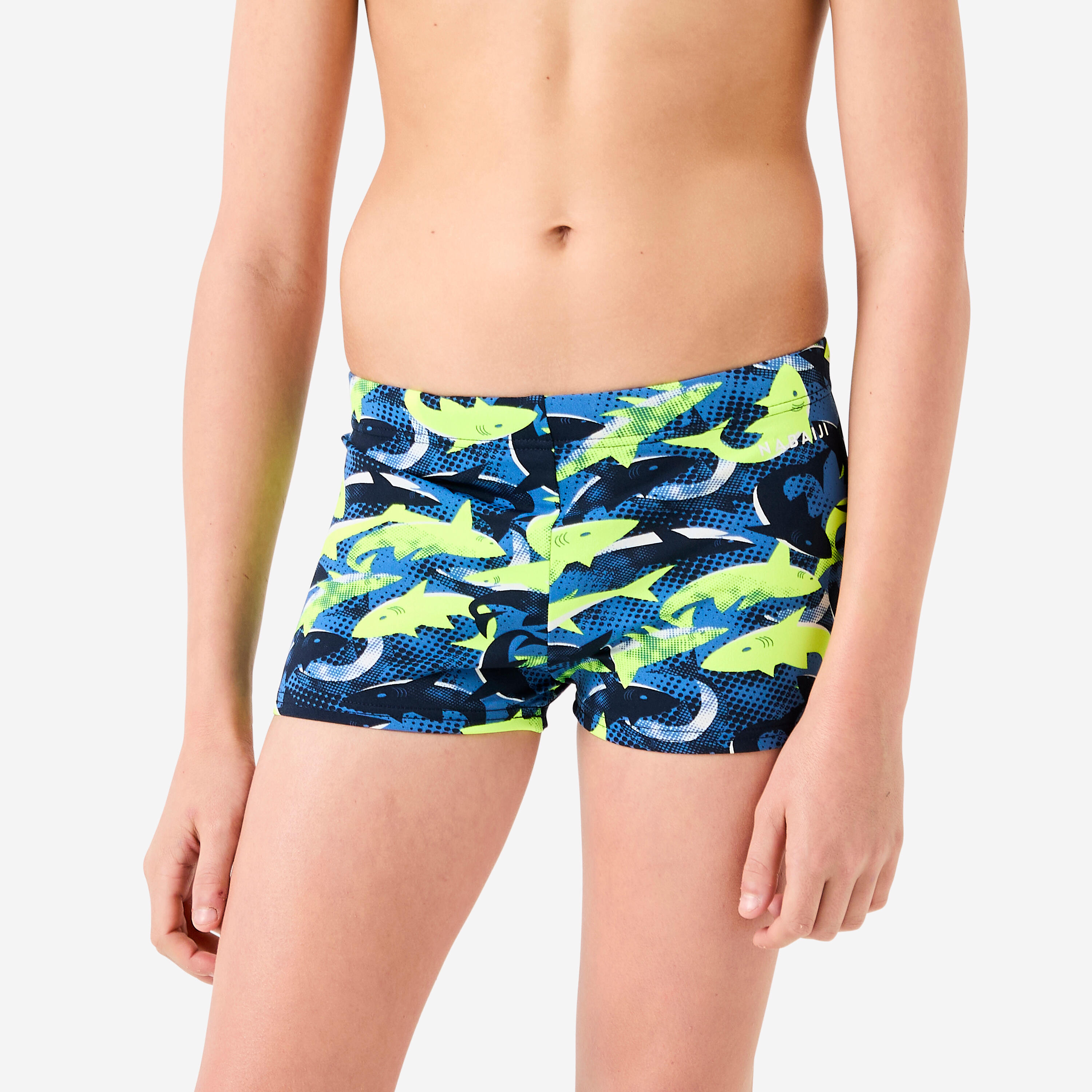 Young boys’ swimming boxer shorts - 500 Fitib shark black neon yellow