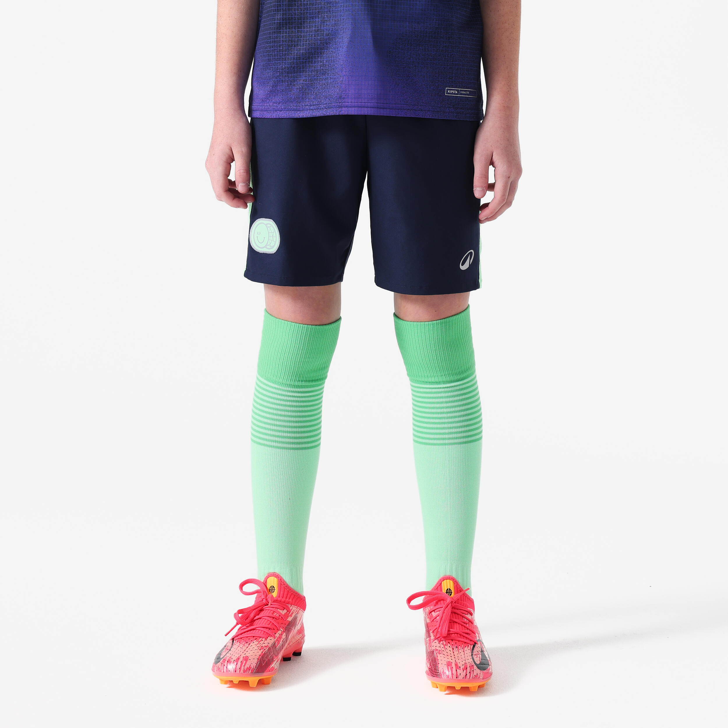 Kids' Football Shorts Viralto - Navy with Green Strip