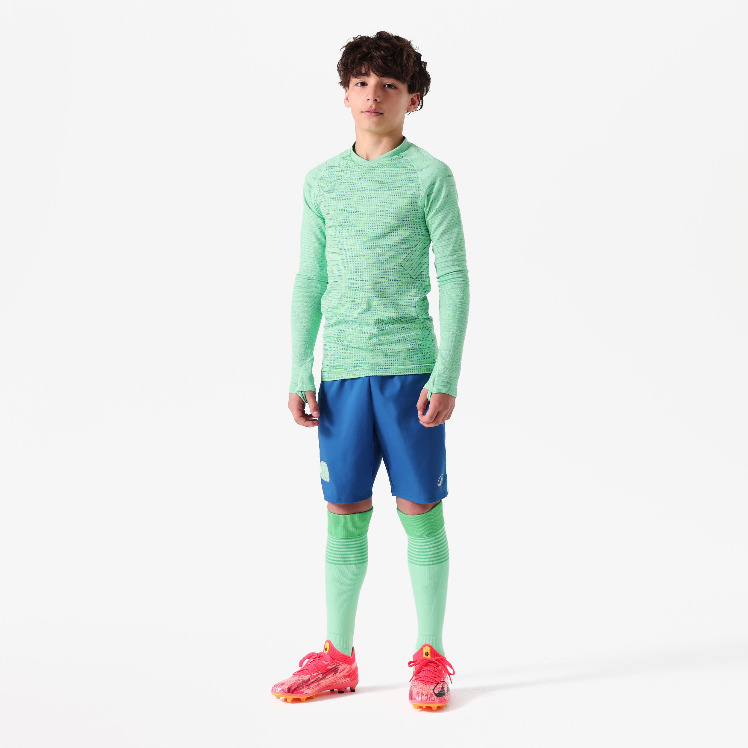 Samarreta tèrmica de futbol sense costures i de màniga llarga per a nen, Keepdry verd 4/6