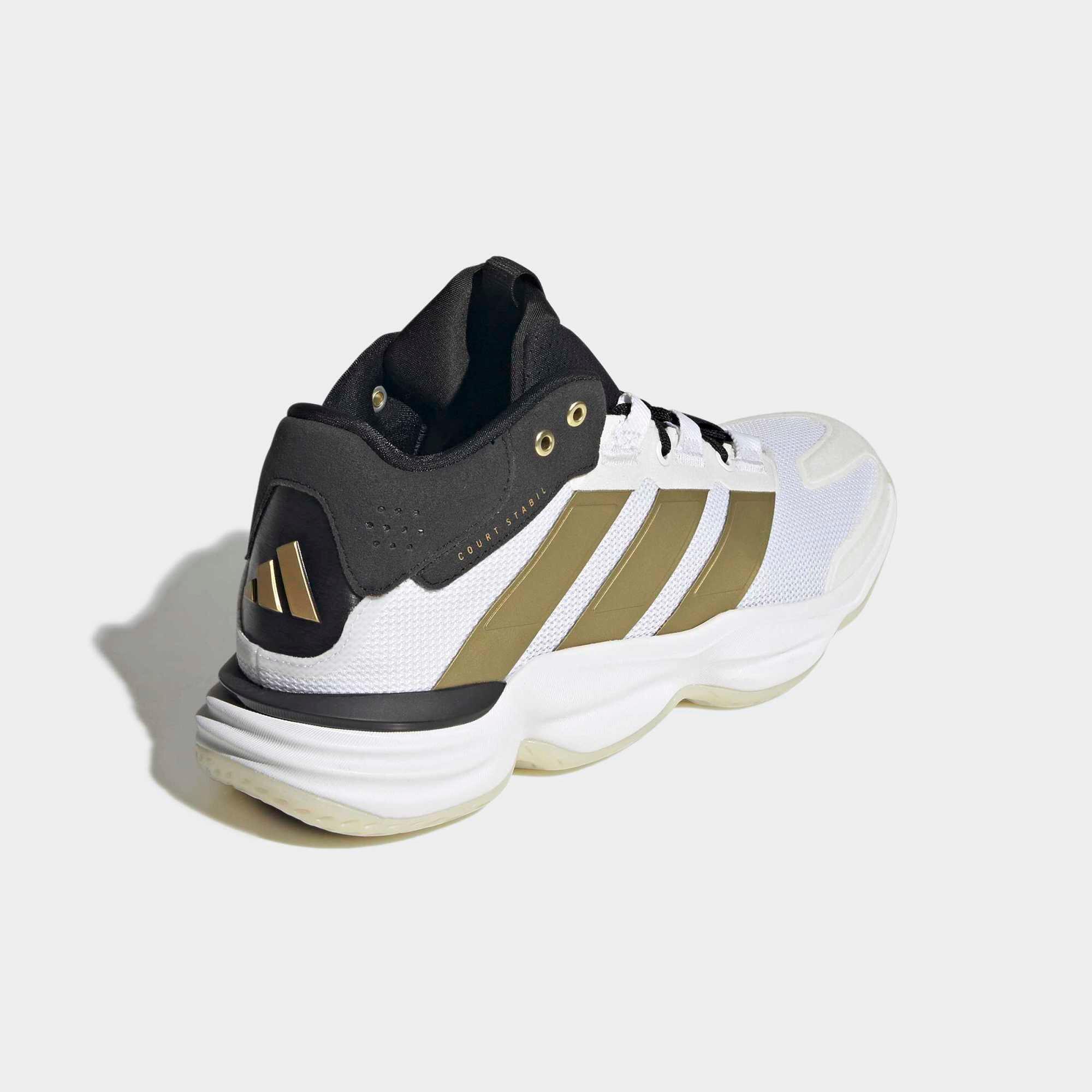 Handballschuhe Erwachsene - Court Stabil, Weiss/Schwarz/Gold 8/9