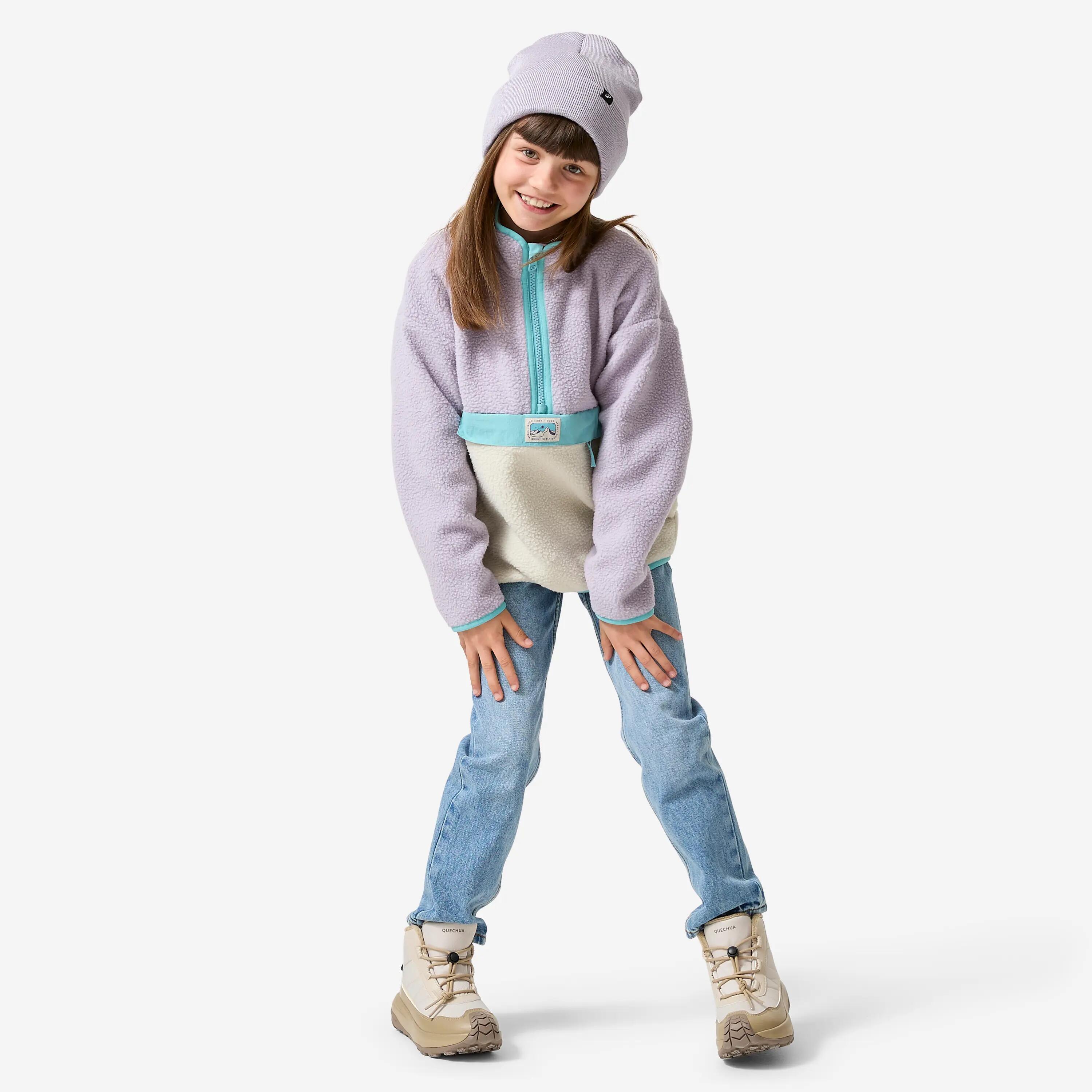 Kids’ sherpa half-zip fleece, 7-15 years, NH500 Purple/Beige -  2