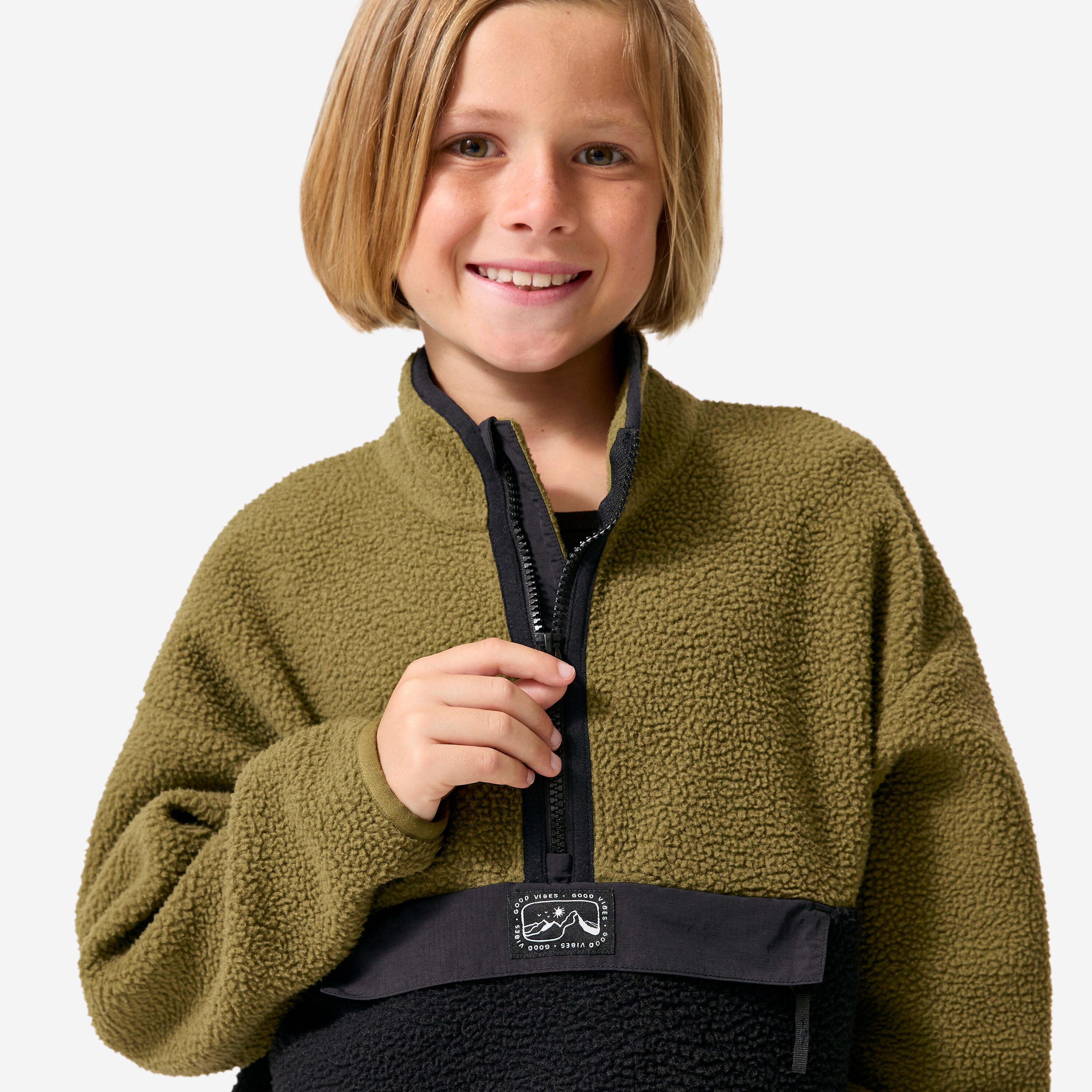 Forro polar sherpa 1/2 cremallera niños 7 a 15 años, NH500 caqui  6/10