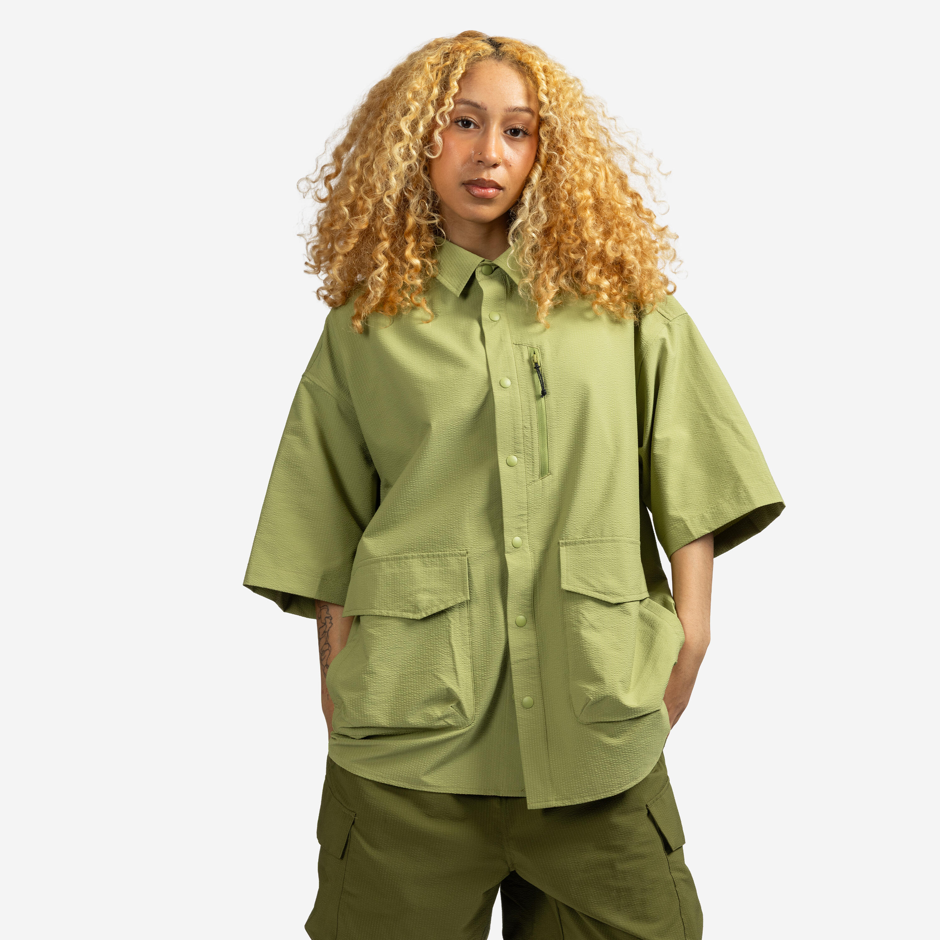 Unisex Seersucker-Shirt, Lifetech, olivgrün 5/7