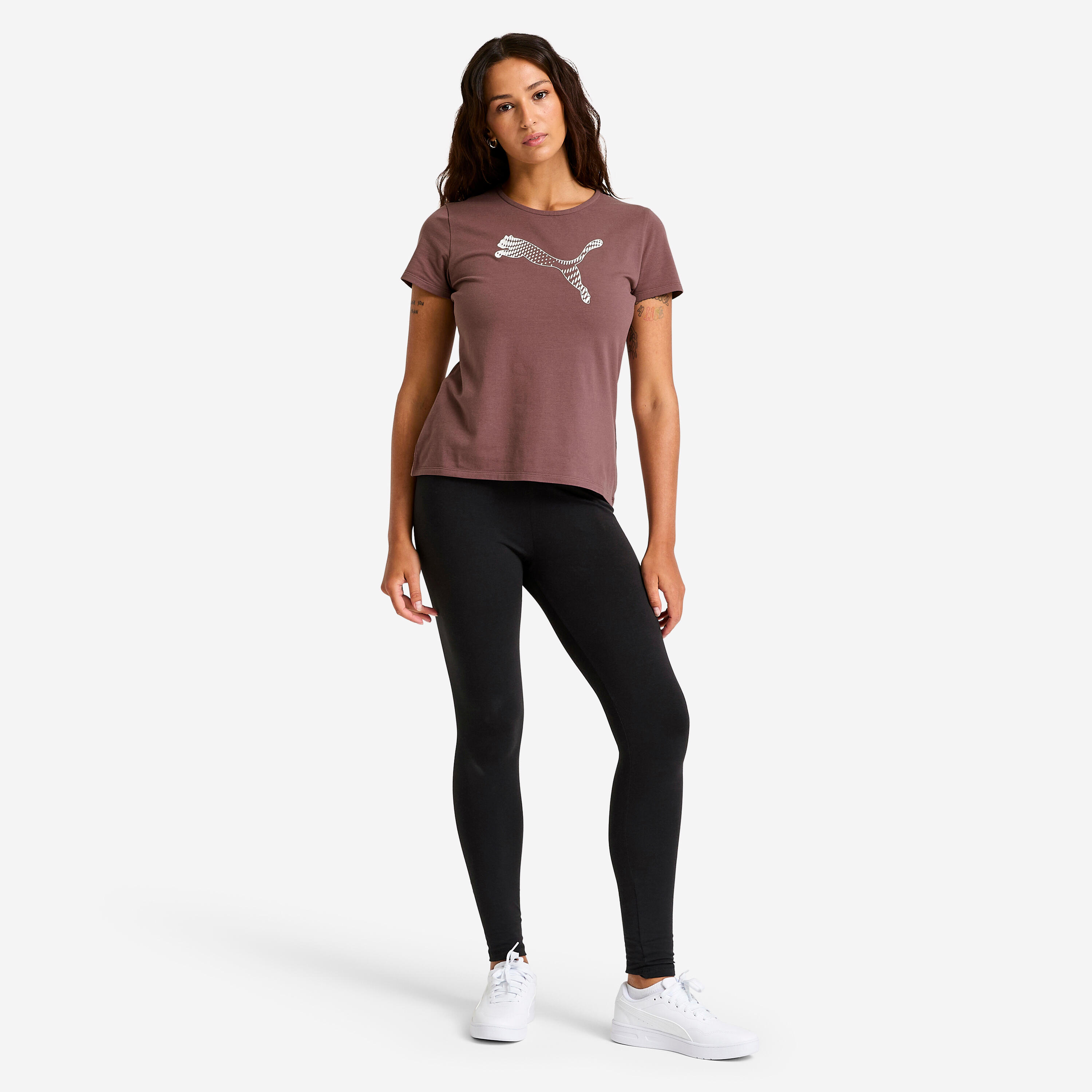 T-shirt de fitness em algodão estampada mulher, castanho 2/5