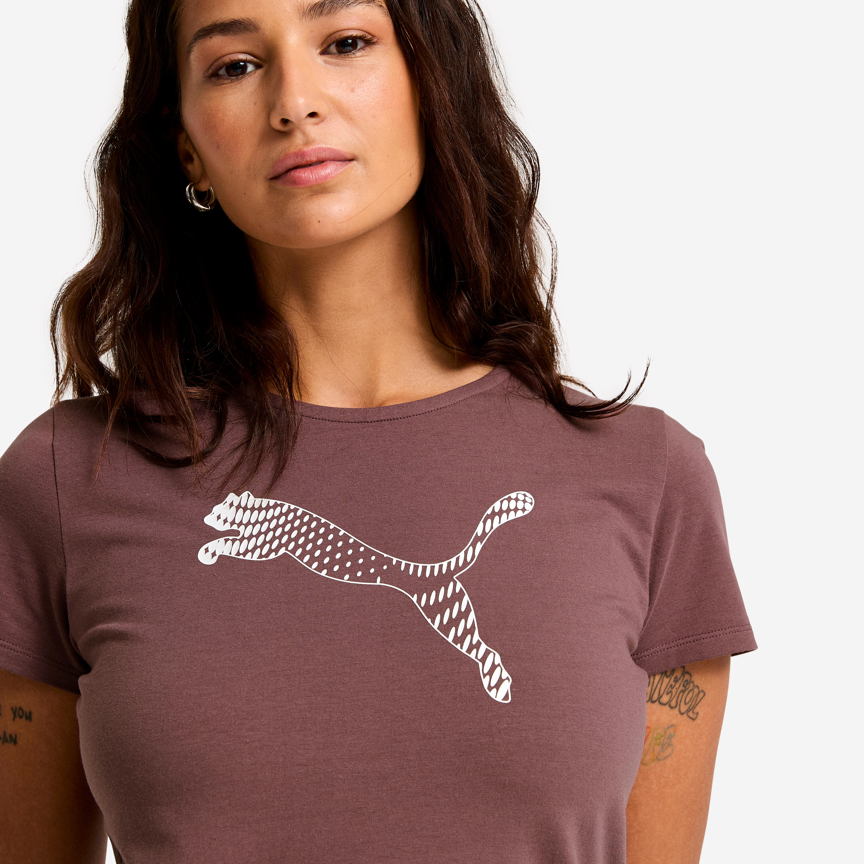 T-shirt de fitness em algodão estampada mulher, castanho 4/5