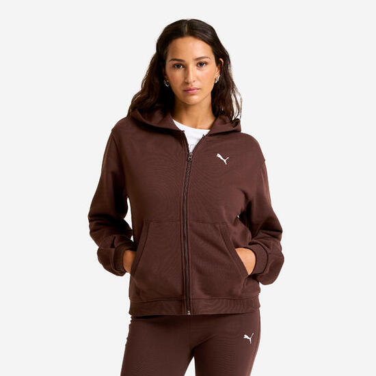 Felpa Puma donna ginnastica con cappuccio e zip felpata marrone