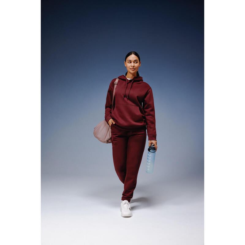 Pantalon de trening din bumbac Regular 500 Fitness, Bordo, Damă