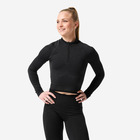 Tee-shirt de musculation manches longues demi-zip femme, noir