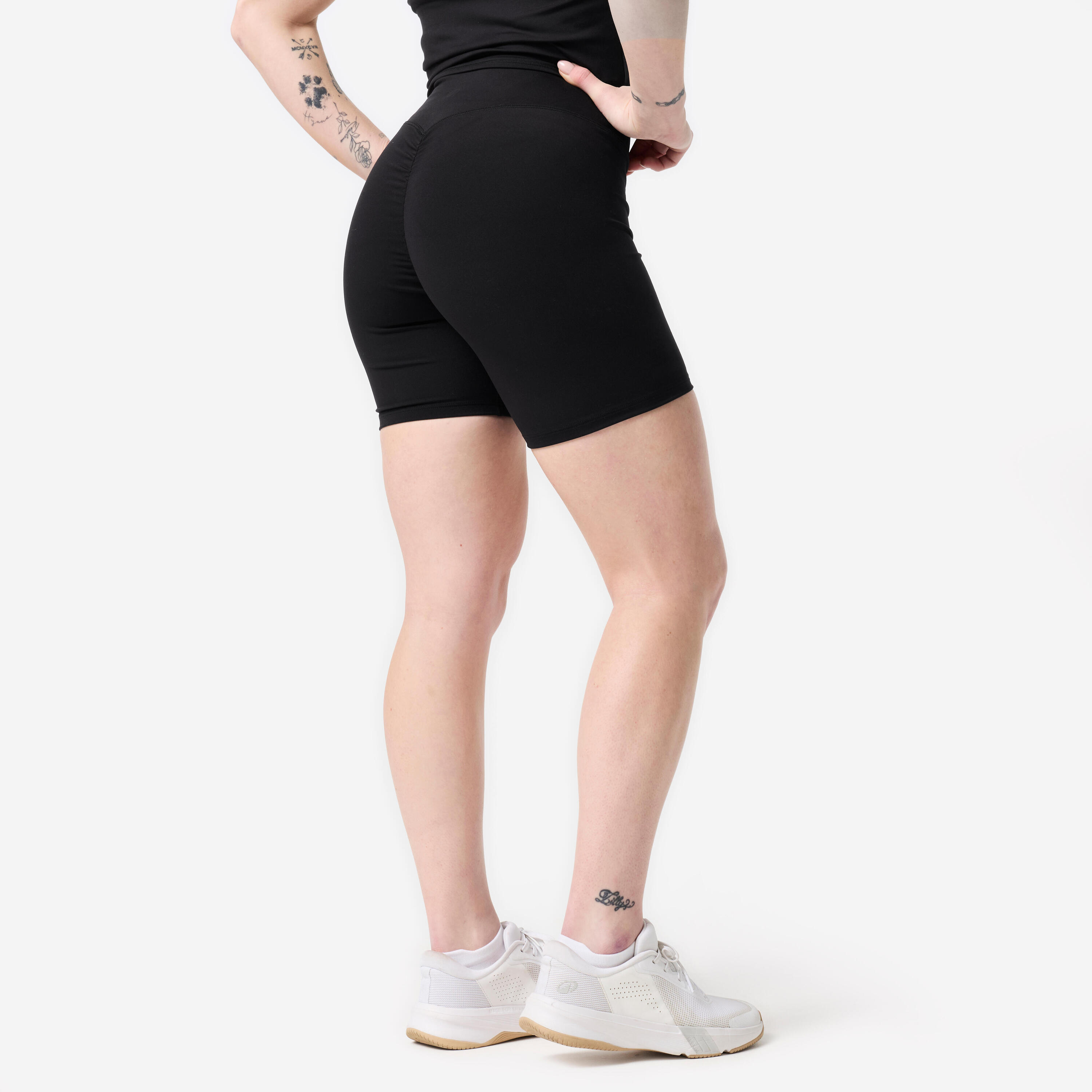 Pantalón Corto Musculación Mujer Negro Fruncido 5/8