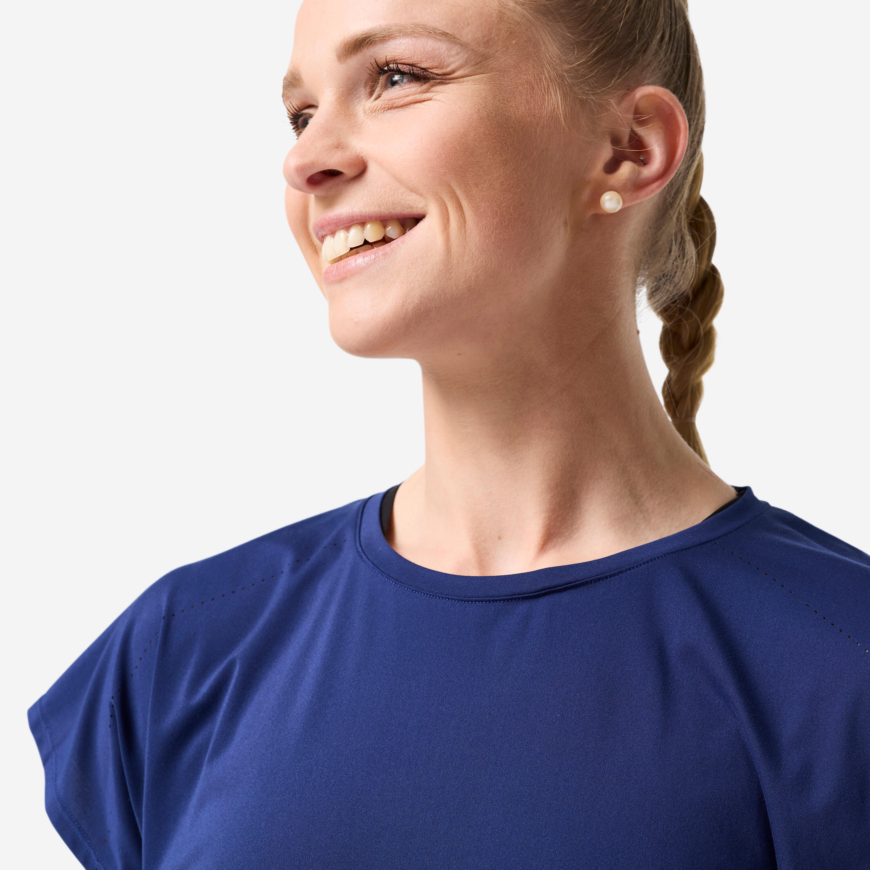 Camiseta Fitness Mujer Azul Marino Transpirable Corte Holgado 3/8