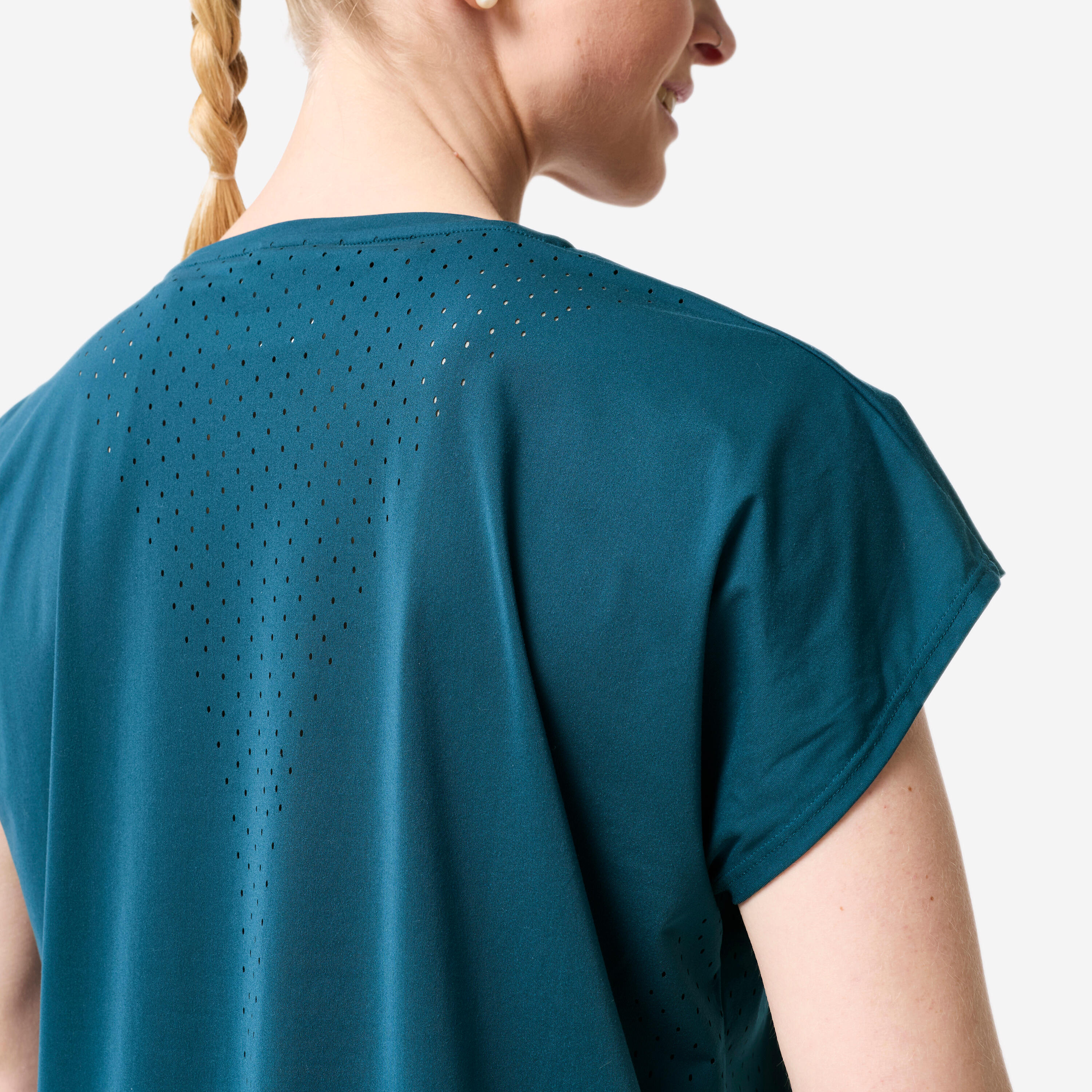 Camiseta Fitness Mujer Verde Azulado Transpirable Corte Holgado 3/6