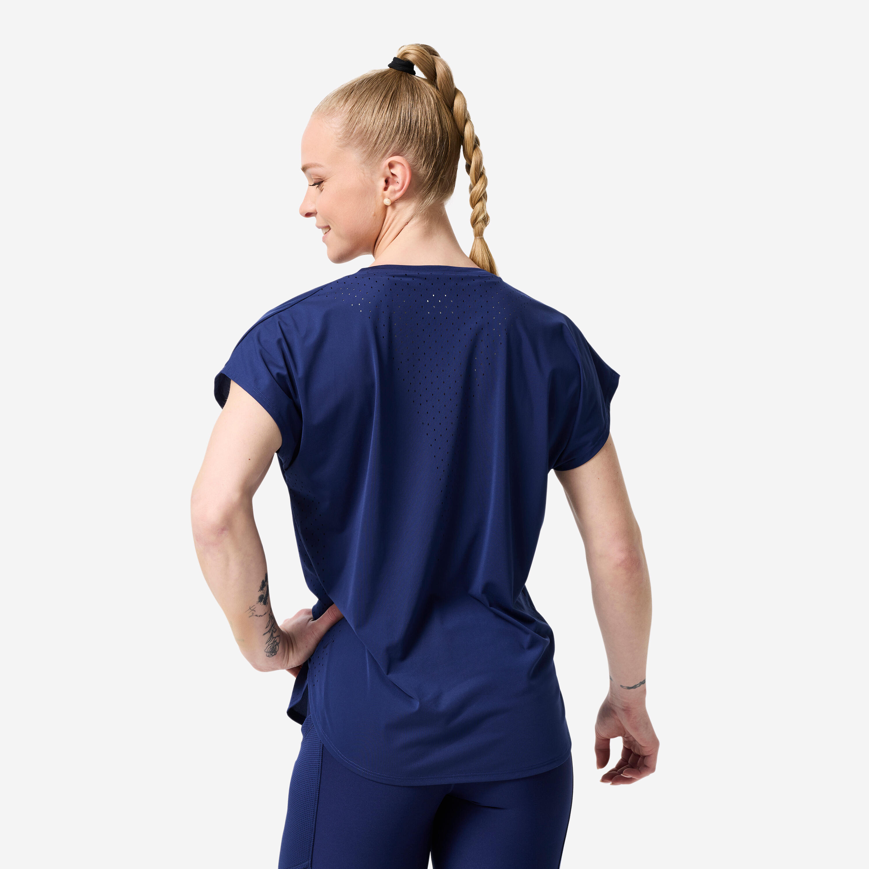 Camiseta Fitness Mujer Azul Marino Transpirable Corte Holgado 5/8