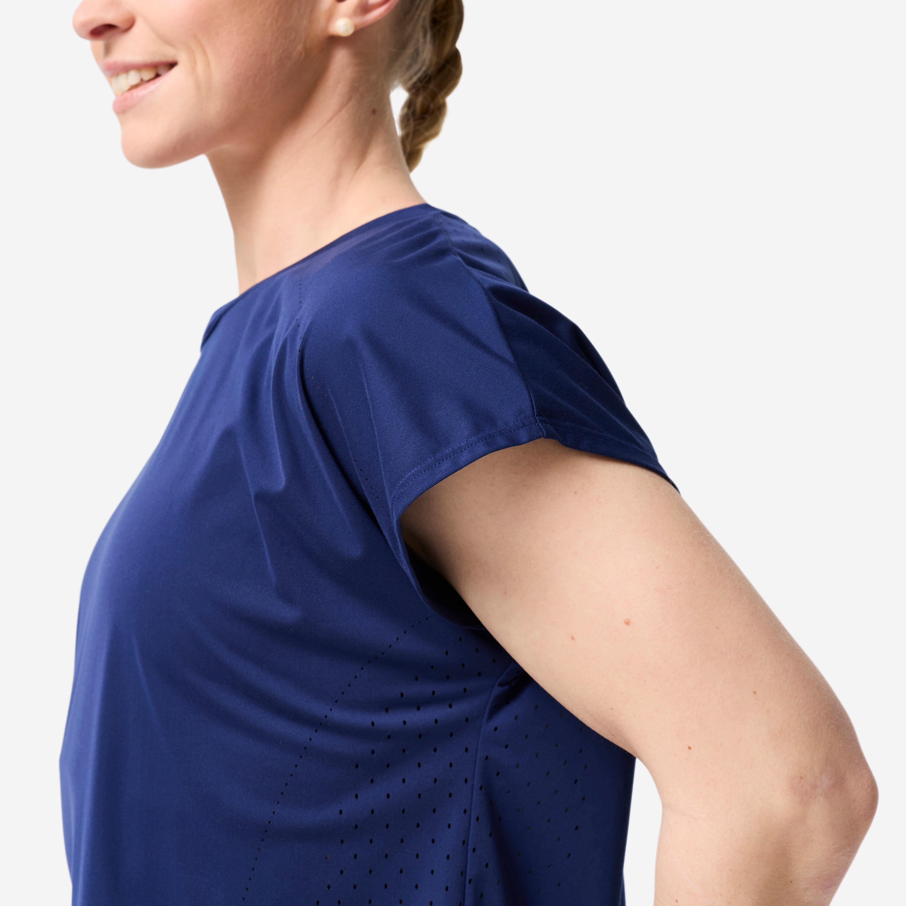 Camiseta Fitness Mujer Azul Marino Transpirable Corte Holgado 7/8