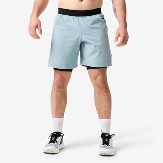 Men's Breathable 2-in-1 Fitness Shorts with Zipped Pocket - Black/Blue