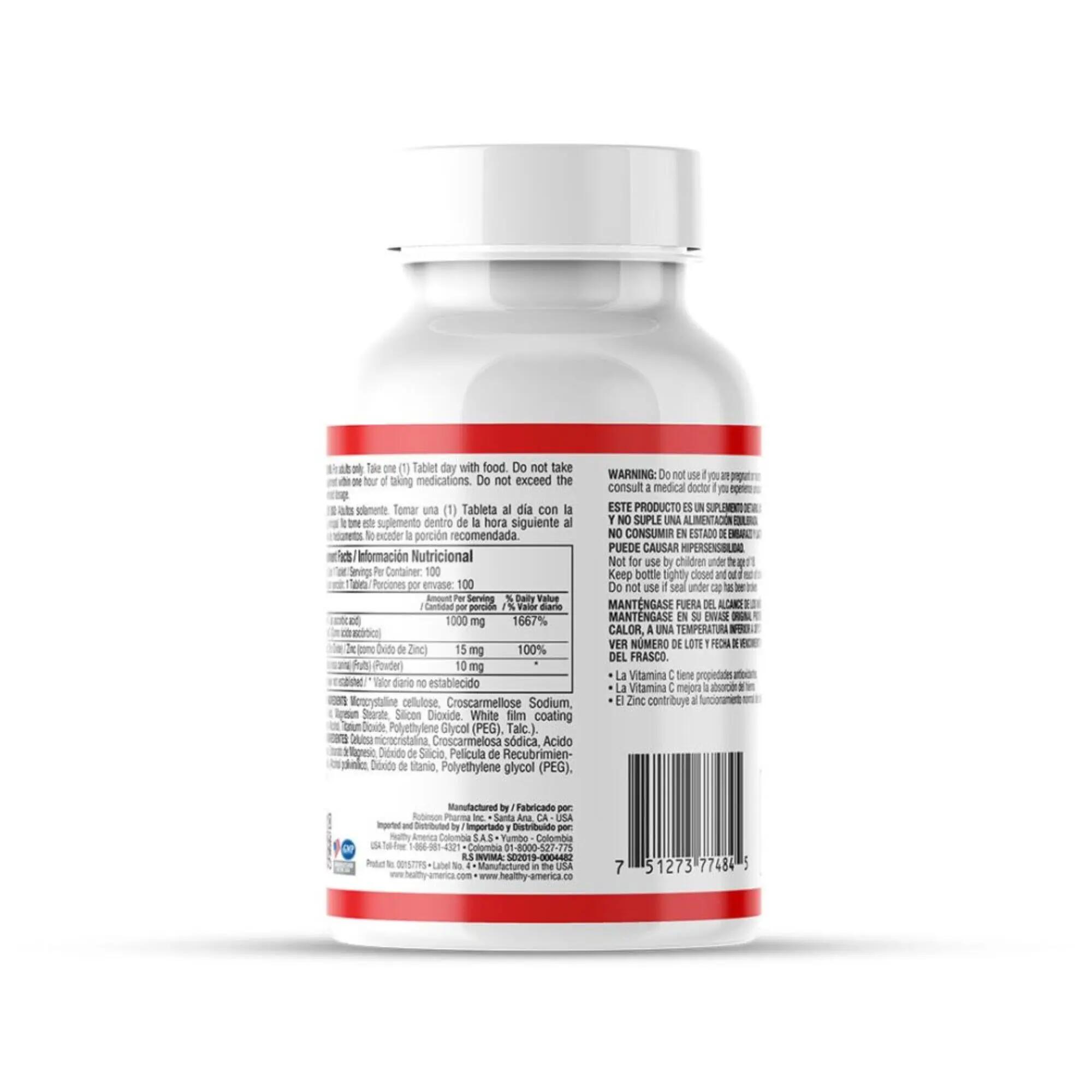 Suplemento dietético antioxidante Vita C 1000 Plus Zinc Healthy America 2/3