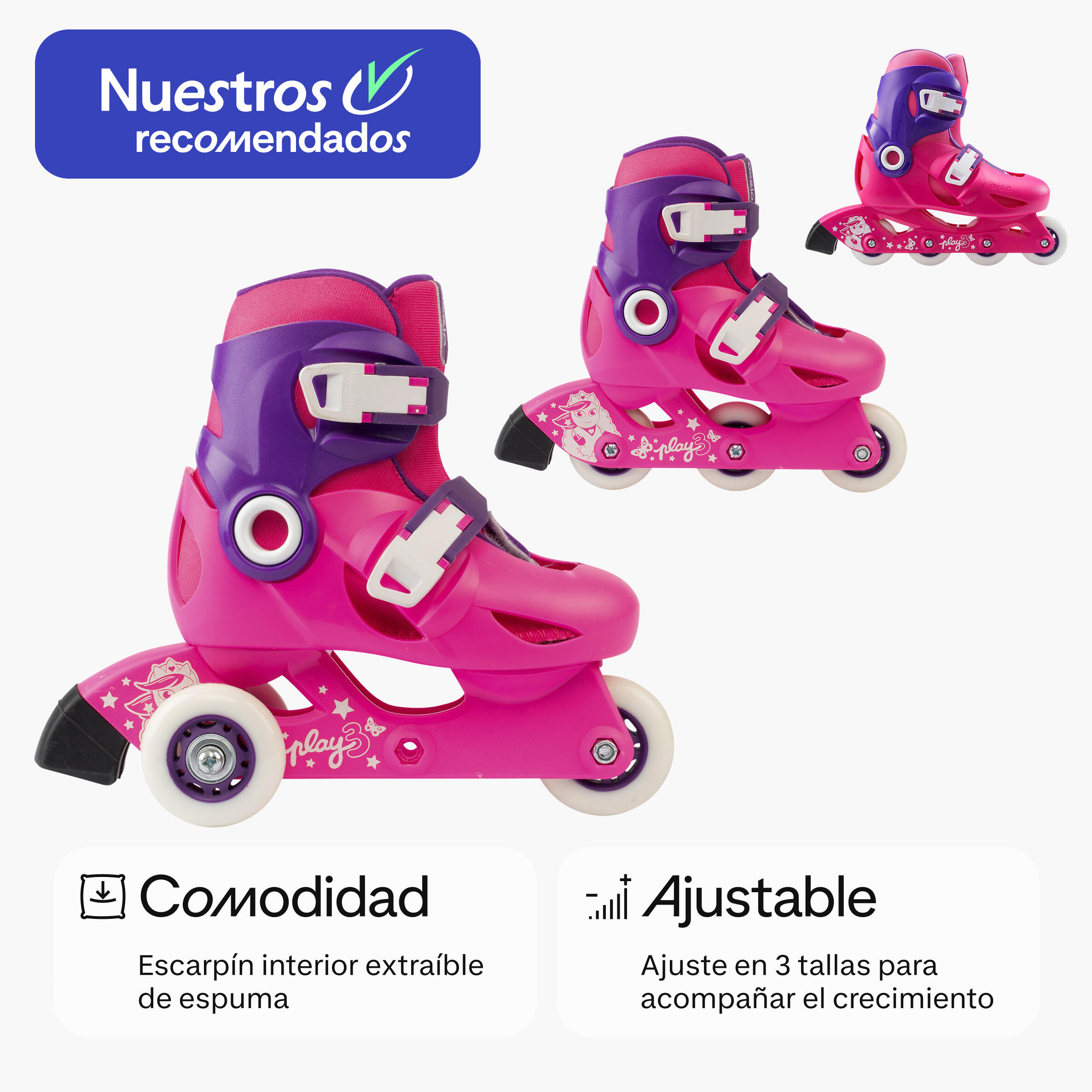 Patines Línea Niños Oxelo Ajustable 3 tallas Play 3 Rosa 2/8