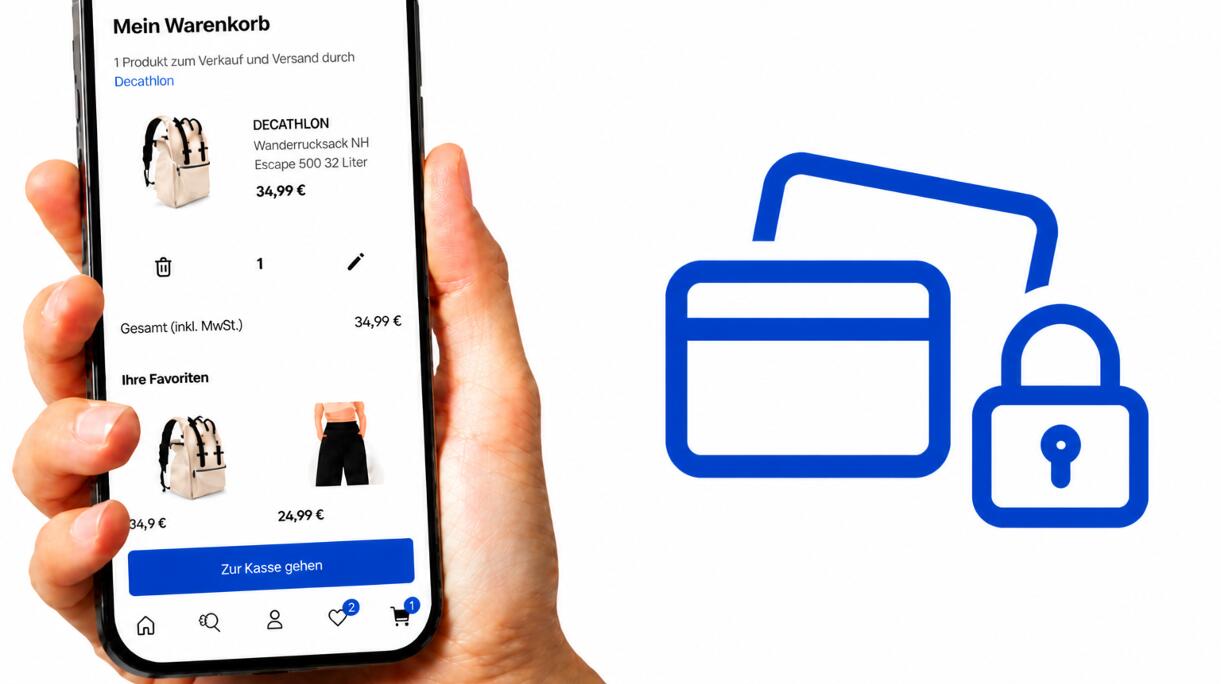 Smartphone-Mockup mit der Checkout- und Warenkorb-Ansicht der Decathlon Shopping-App