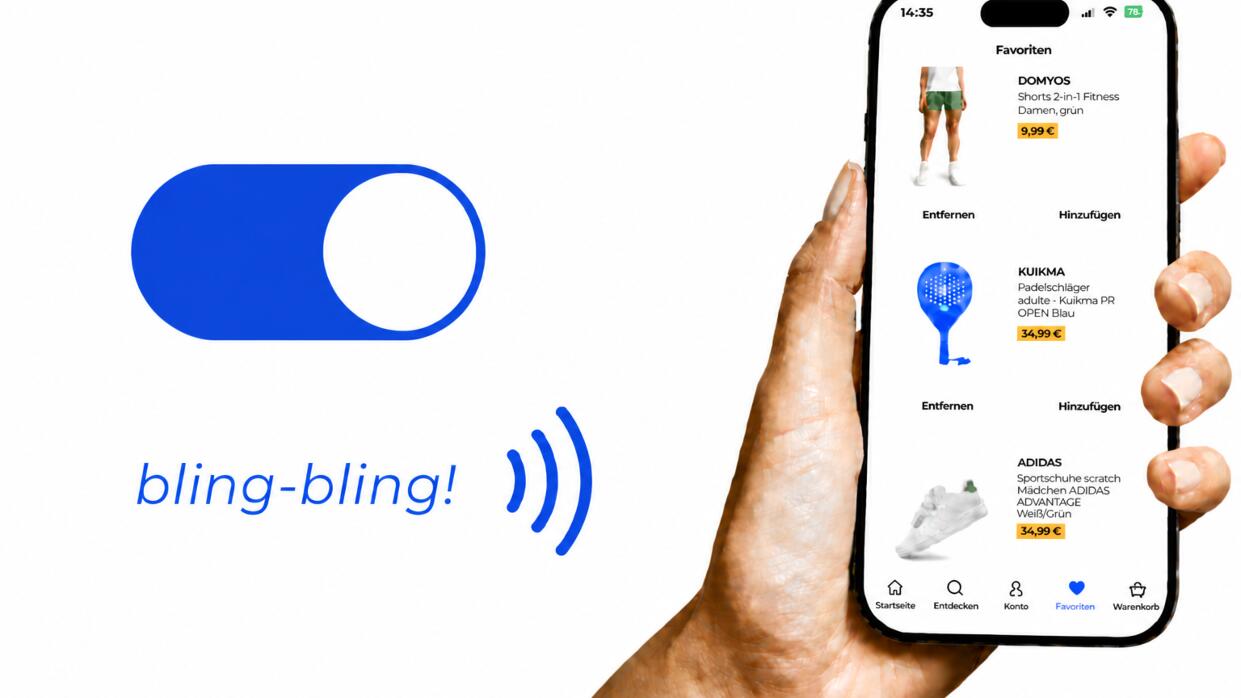Smartphone-Sperrbildschirm mit eingeblendeten Push-Benachrichtigungen der Decathlon App zu aktuellen Angeboten und dem Lieferstatus.