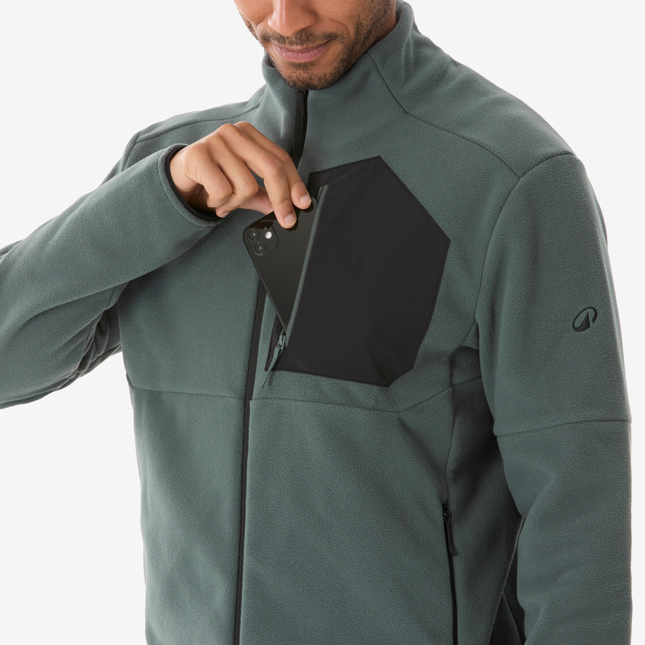 Men's mountain hiking fleece, MH500 Full-zip Pocket in Smoky Green