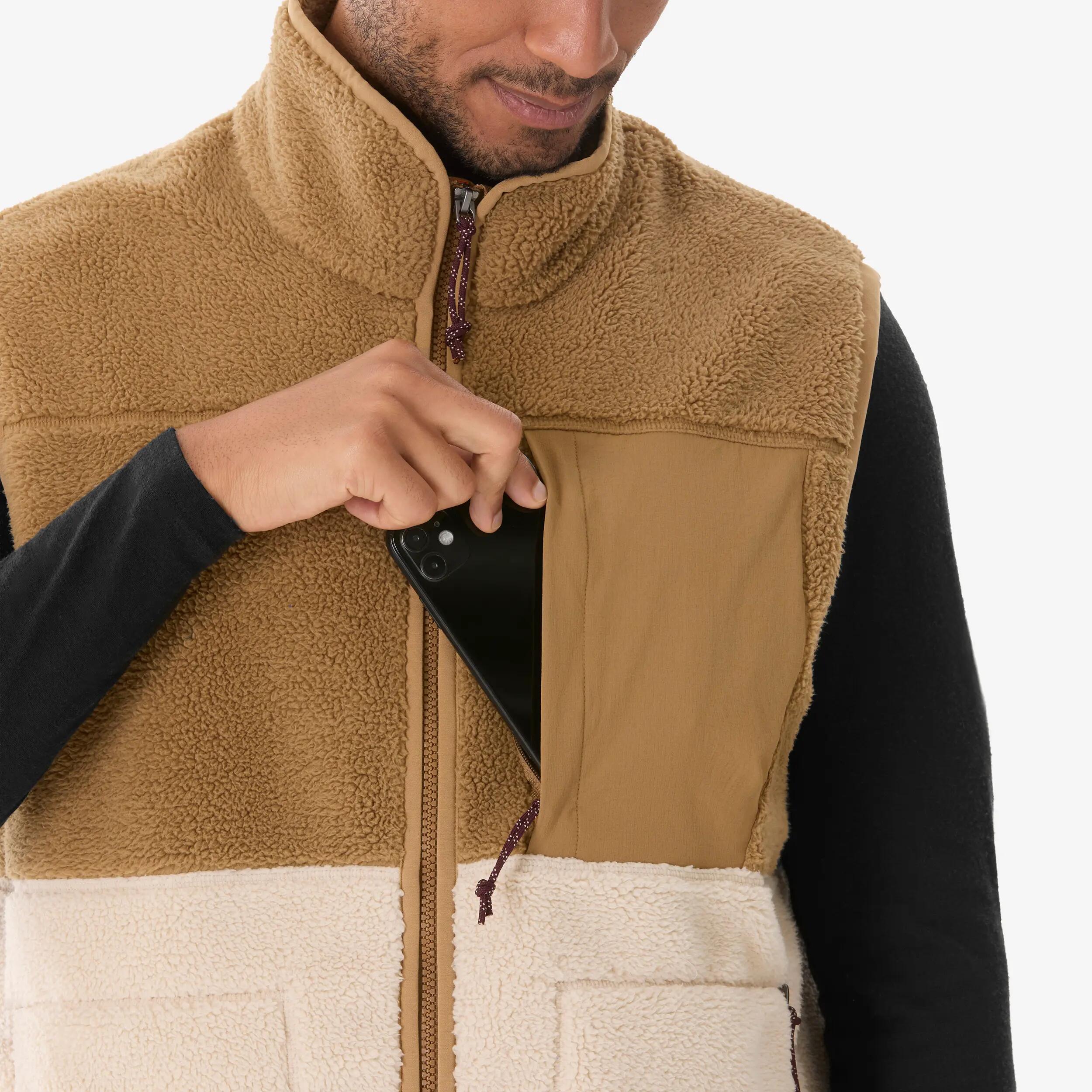 Men Hiking Ultra Warm Sleeveless Sherpa Fleece Jacket Beige MH500 -  5