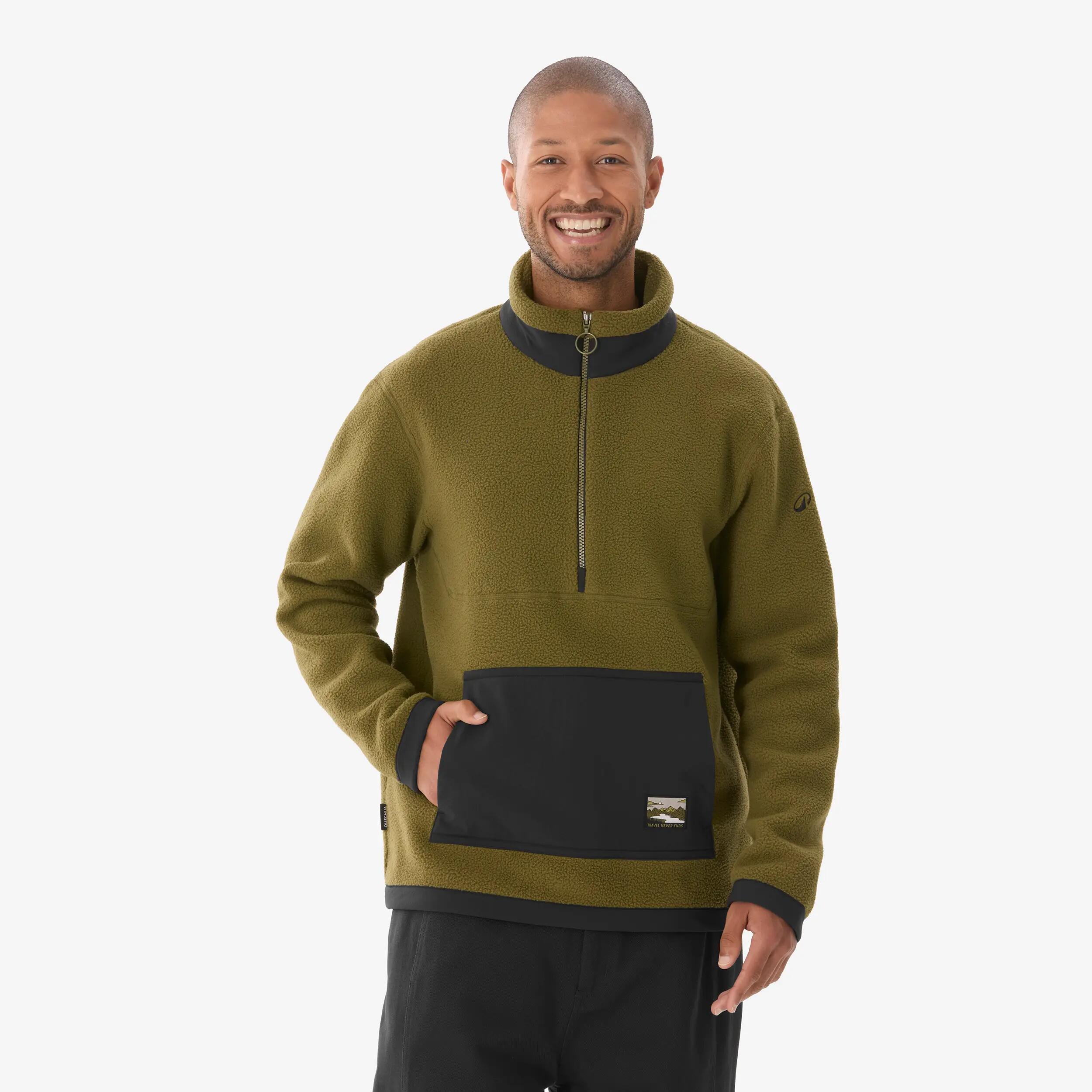 Men’s Sherpa mountain hiking fleece jacket, MH100 1/2 Zip - Black -  1