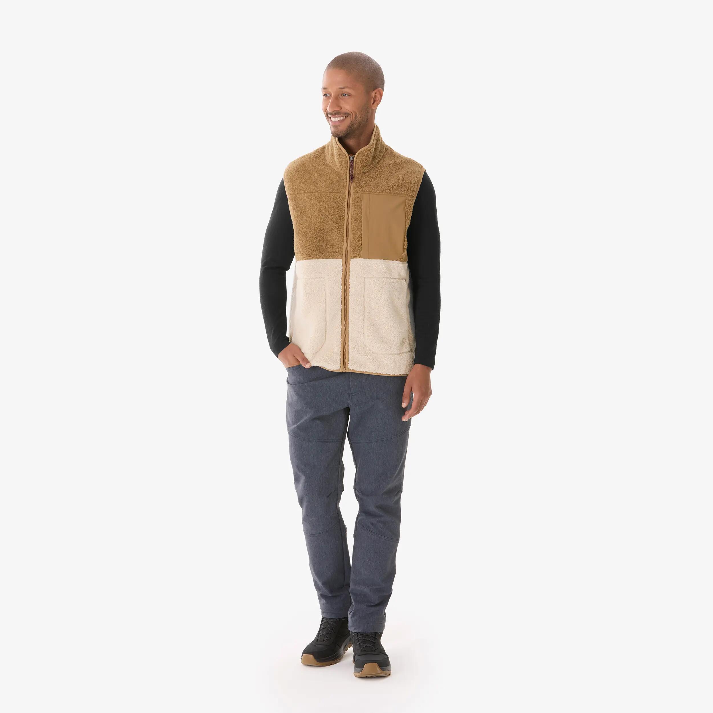 Men Hiking Ultra Warm Sleeveless Sherpa Fleece Jacket Beige MH500 -  2