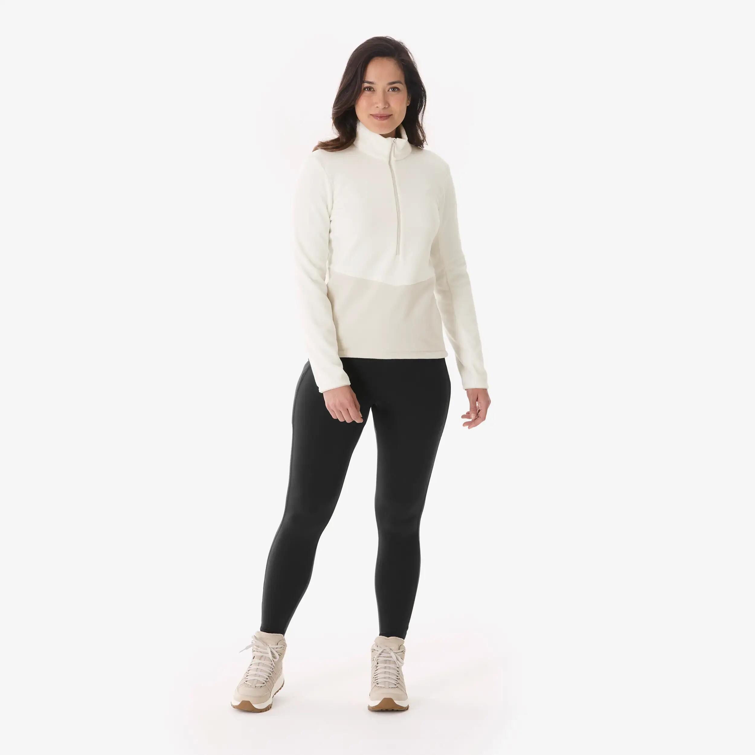 Women Hiking Colourblocked Half-zip Fleece Jacket Beige MH500 -  2