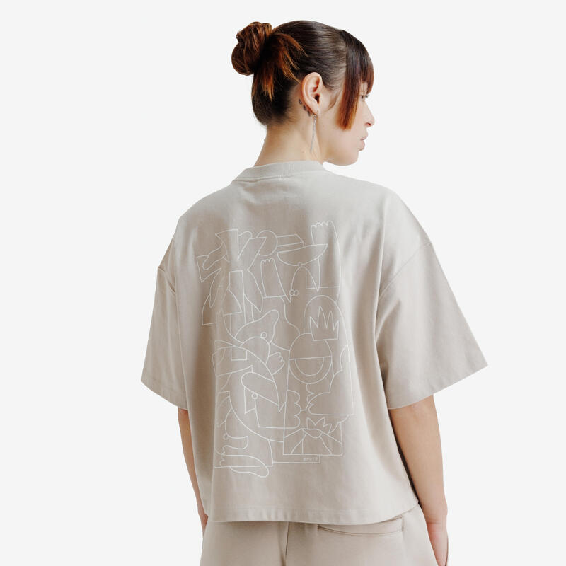 Kadın Oversize Crop Tişört - Bej - Elementals