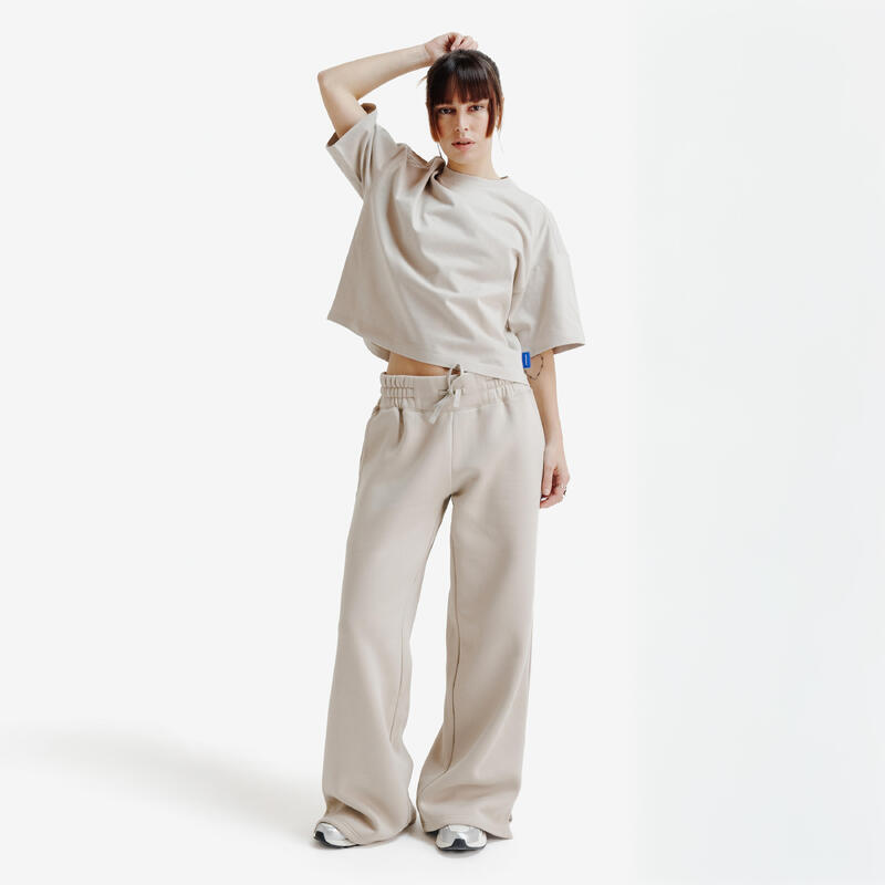 Kadın Oversize Crop Tişört - Bej - Elementals