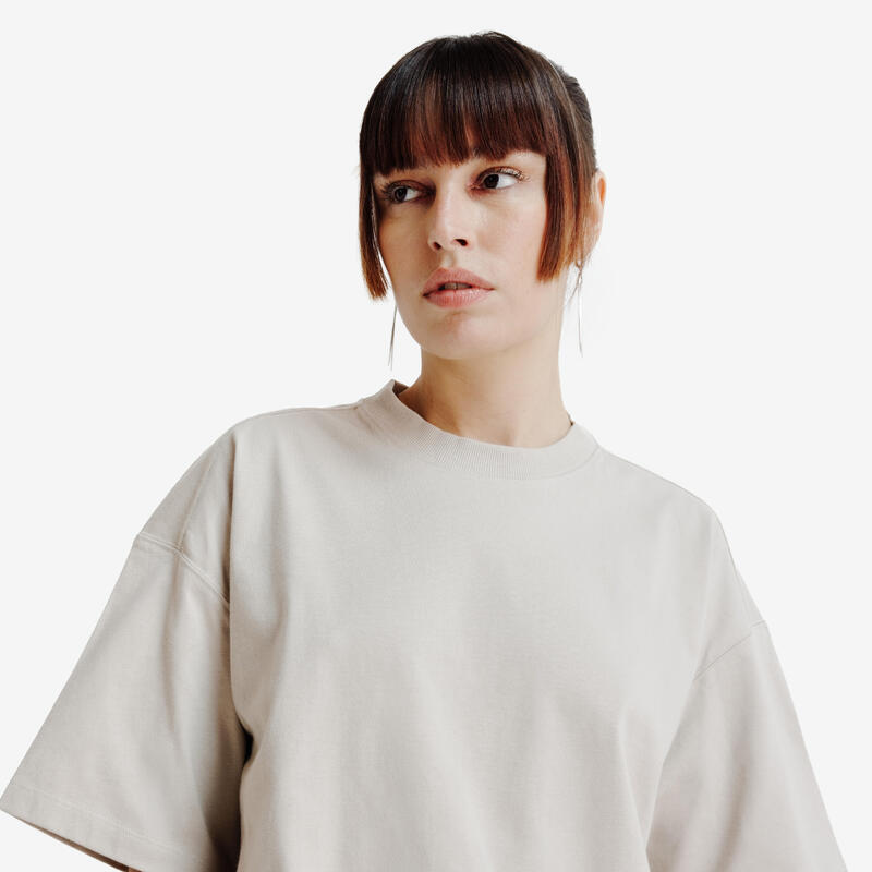 Kadın Oversize Crop Tişört - Bej - Elementals