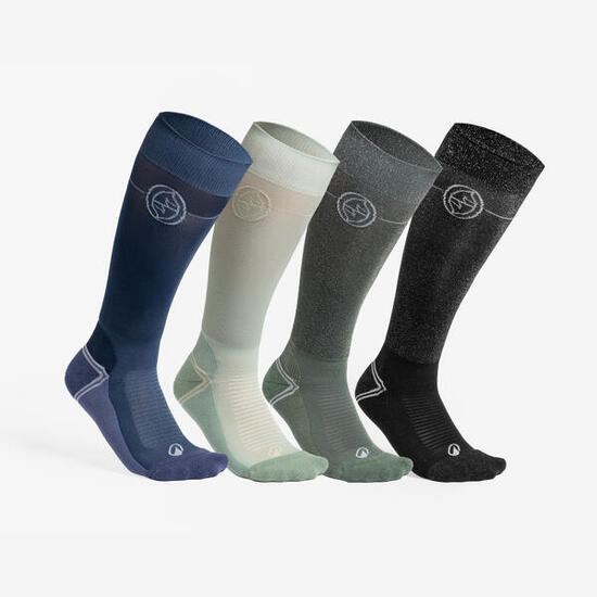 Chaussettes équitation adultes extra fines - bleu, vert et rose - lot de 4