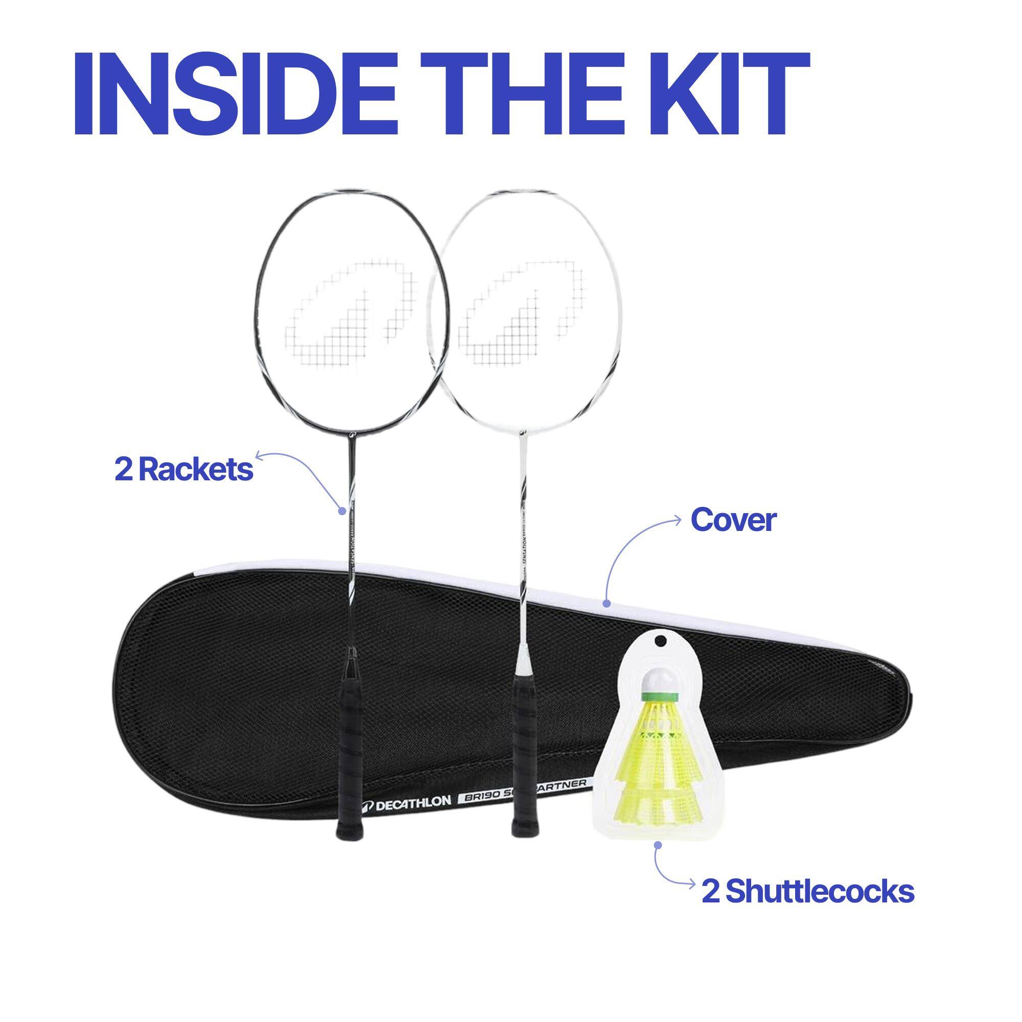 ADULT BADMINTON RACKET BR SENSATION 500 SET BLACK WHITE -  1