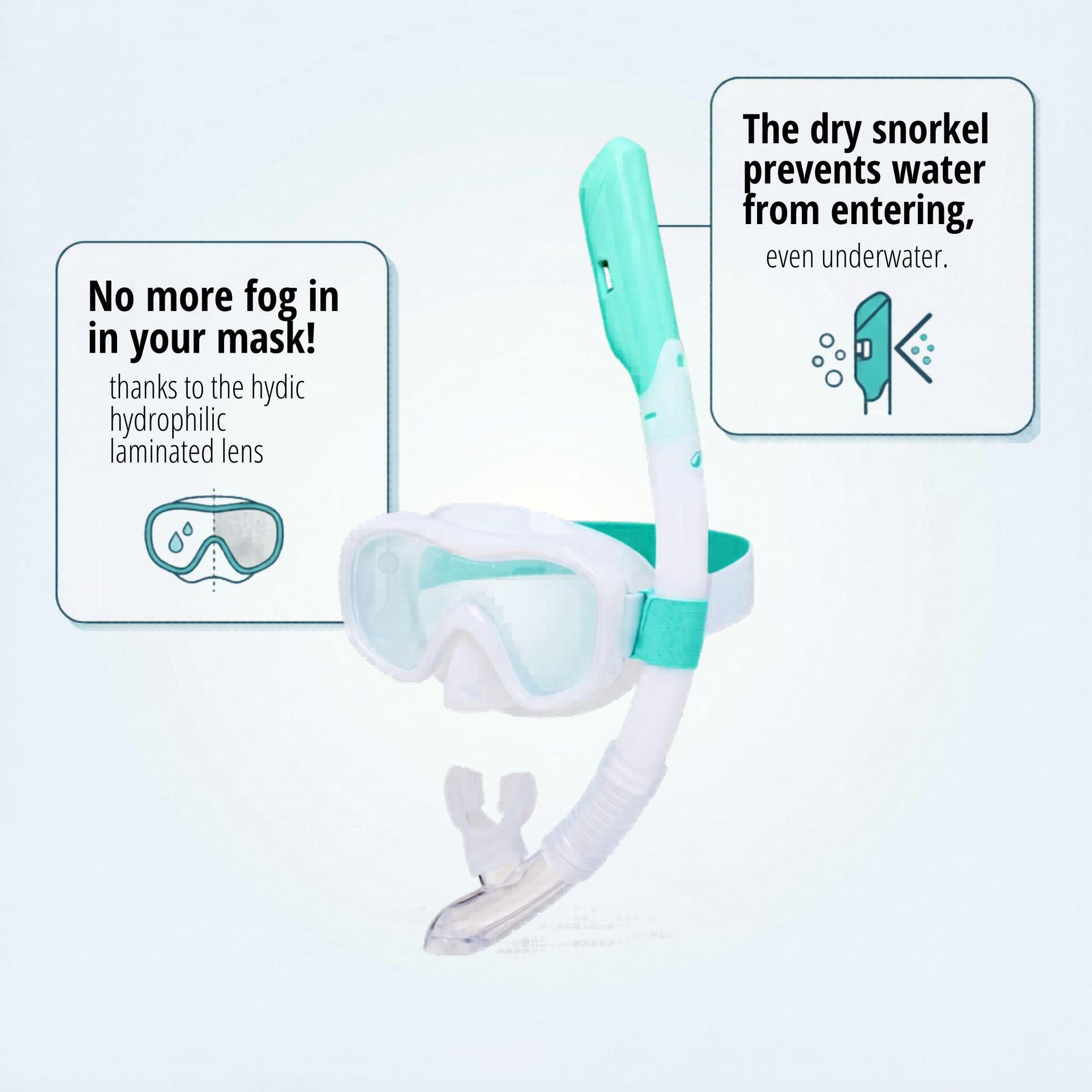 Adult snorkelling COMFORT ANTI-FOG mask DRY TOP snorkel set, 100 White