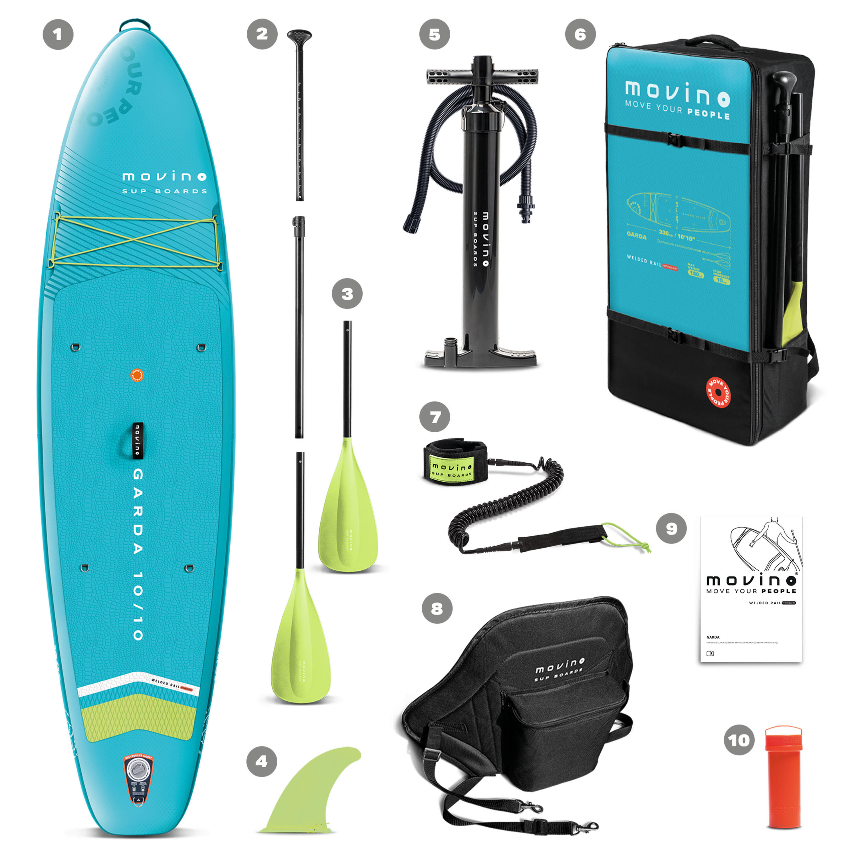 Zestaw SUP Movino Garda 330 cm z siedziskiem kajakowym Turkus/Limonka 9/11