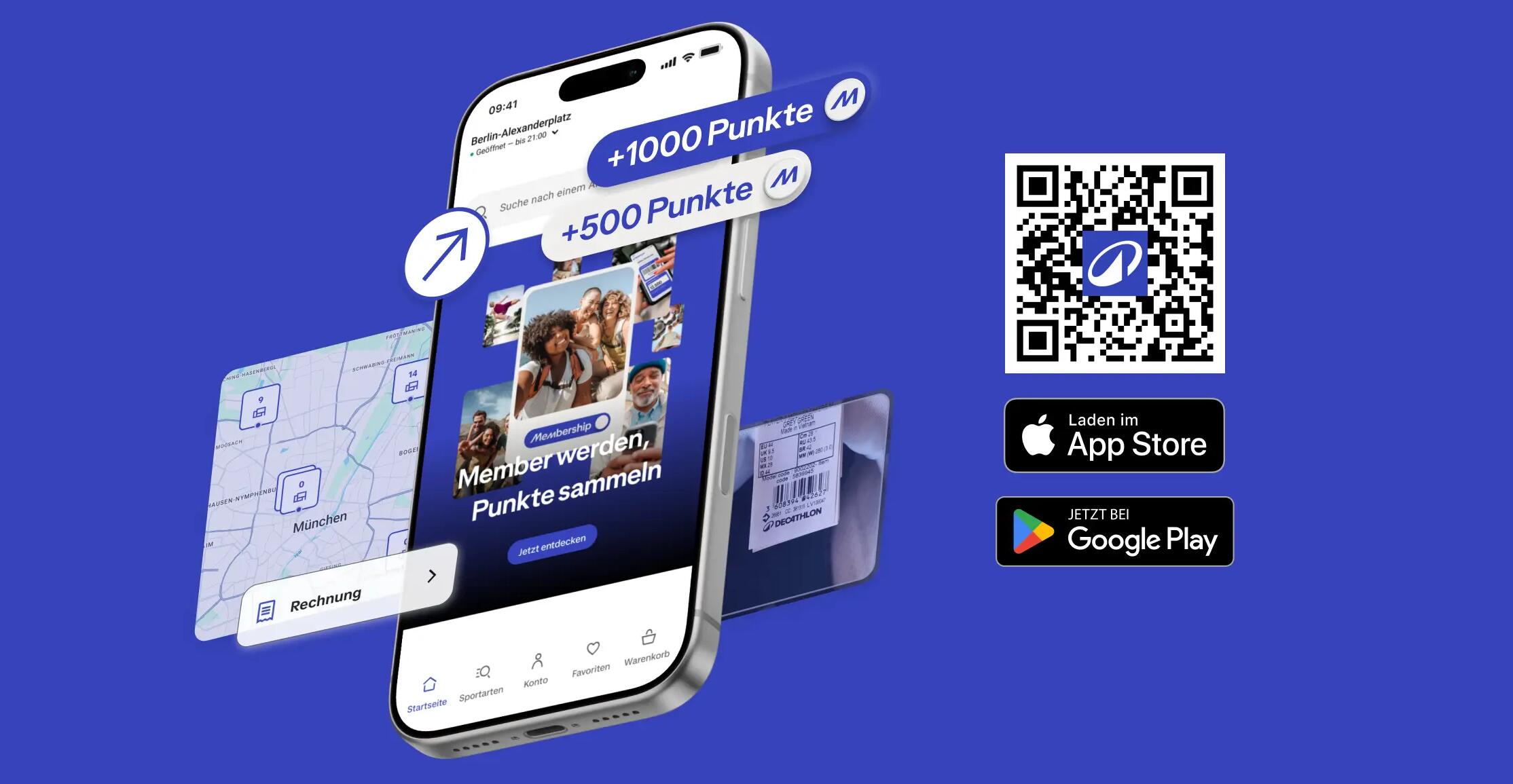 Ein schwebendes Smartphone zeigt eine App-Benutzeroberfläche zum Punkte sammeln, umgeben von grafischen Elementen wie „+1000 Punkte“ und „+500 Punkte“-Badges. Links daneben befinden sich die Download-Badges für den App Store und Google Play vor einem einfarbigen blauen Hintergrund.