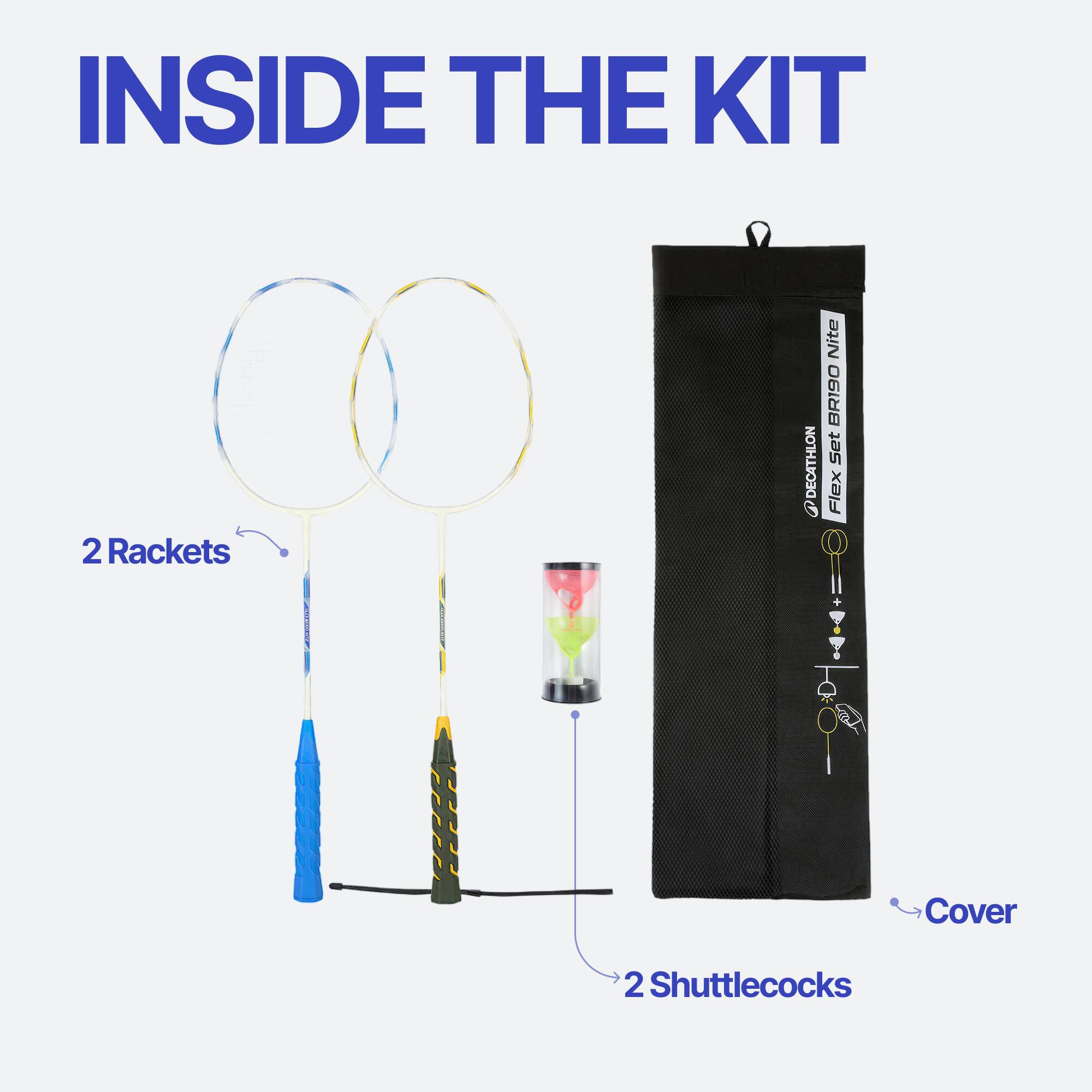 Glow in dark Adult Badminton Racket Set Flex Set BR190 Nite Blue Yellow -  3