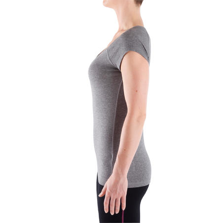 T-Shirt 500 slim Pilates Gym douce femme gris chiné