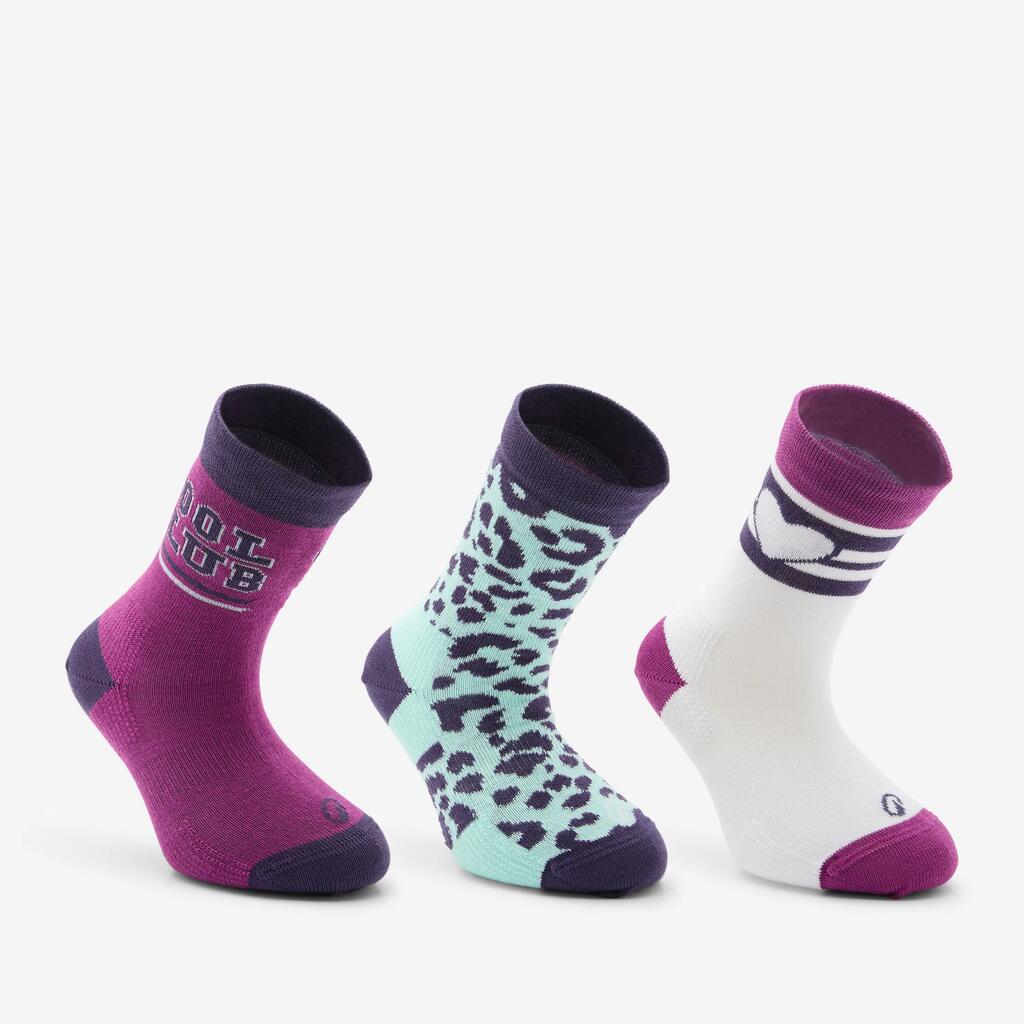 Kids’ high-top sports socks, purple and white