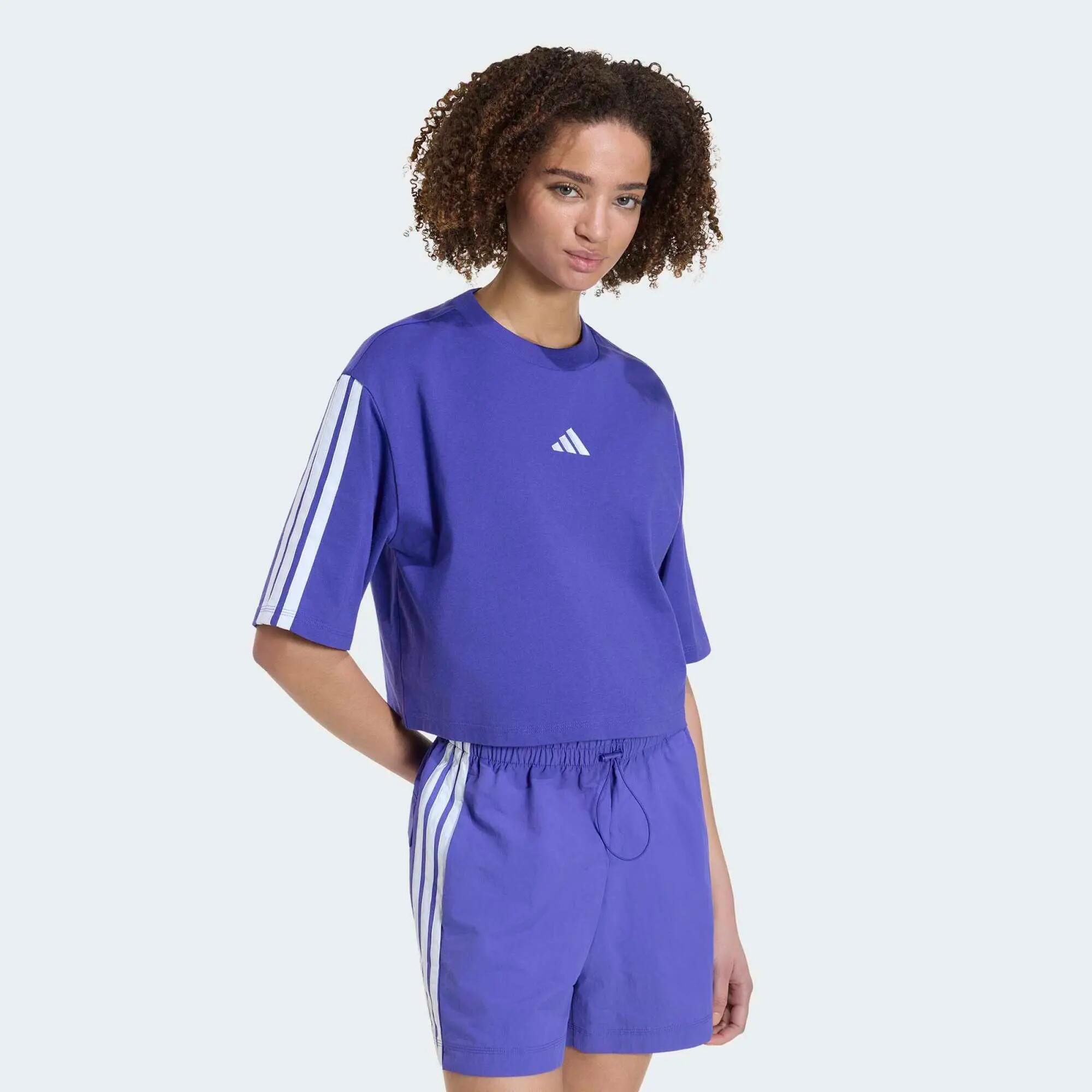 Camiseta de corte amplio para mujer Adidas Essentials 3 Rayas, morado 3/6
